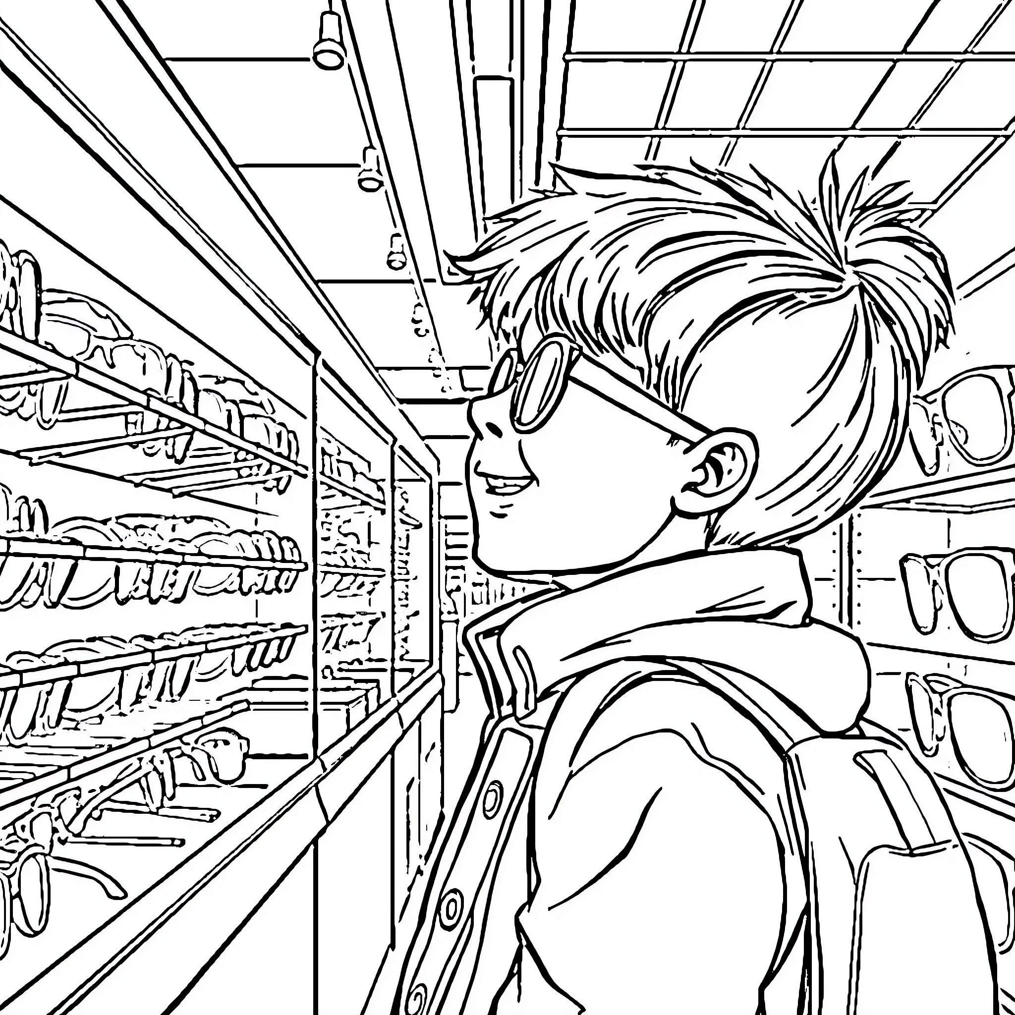 Child exploring supermarket shelves with curiosity Coloring Page (free black-and-white line drawing printable PDF for all, from beginners to advanced learners, including children, teens, adults, and seniors)