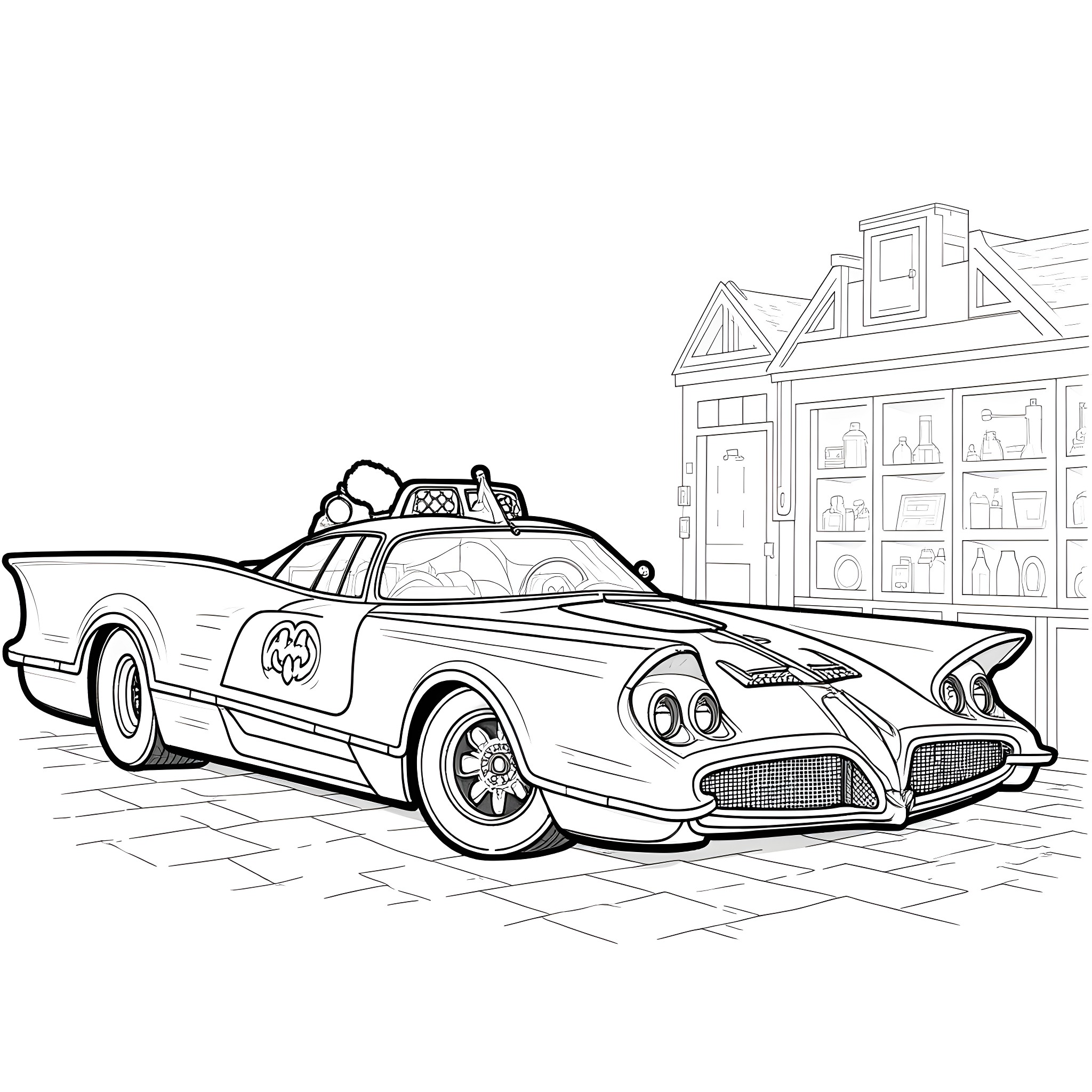 Batmobile parked near vintage storefront Coloring Page (free black-and-white line drawing printable PDF for all, from beginners to advanced learners, including children, teens, adults, and seniors)