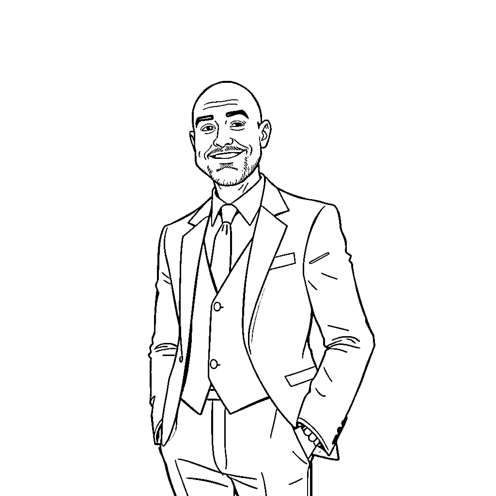Tom in a Formal Suit Posing Confidently Coloring Page (free black-and-white line drawing printable PDF for all, from beginners to advanced learners, including children, teens, adults, and seniors)
