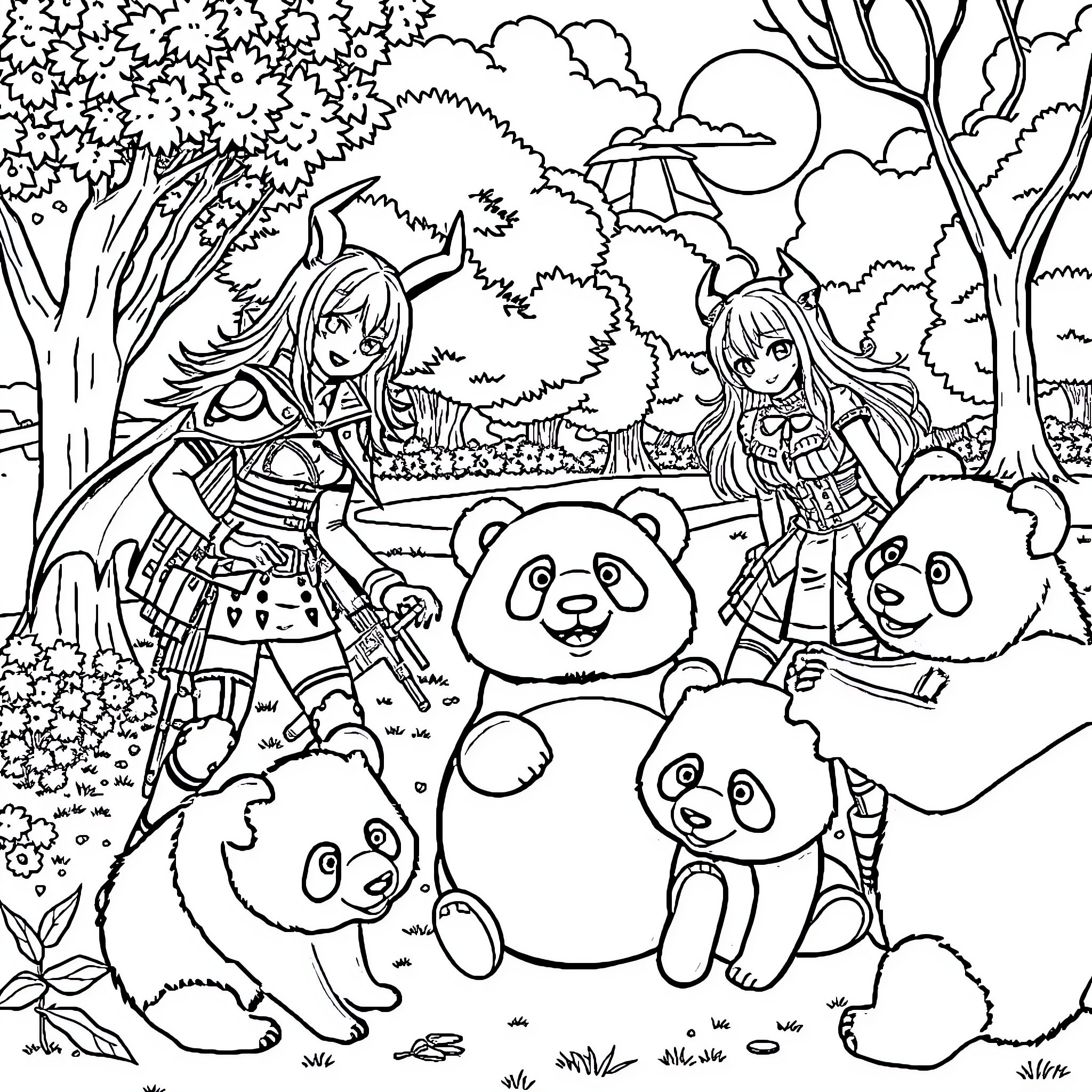 Demon Hunters Encounter Cute Pandas in Enchanted Forest Coloring Page (free black-and-white line drawing printable PDF for all, from beginners to advanced learners, including children, teens, adults, and seniors)