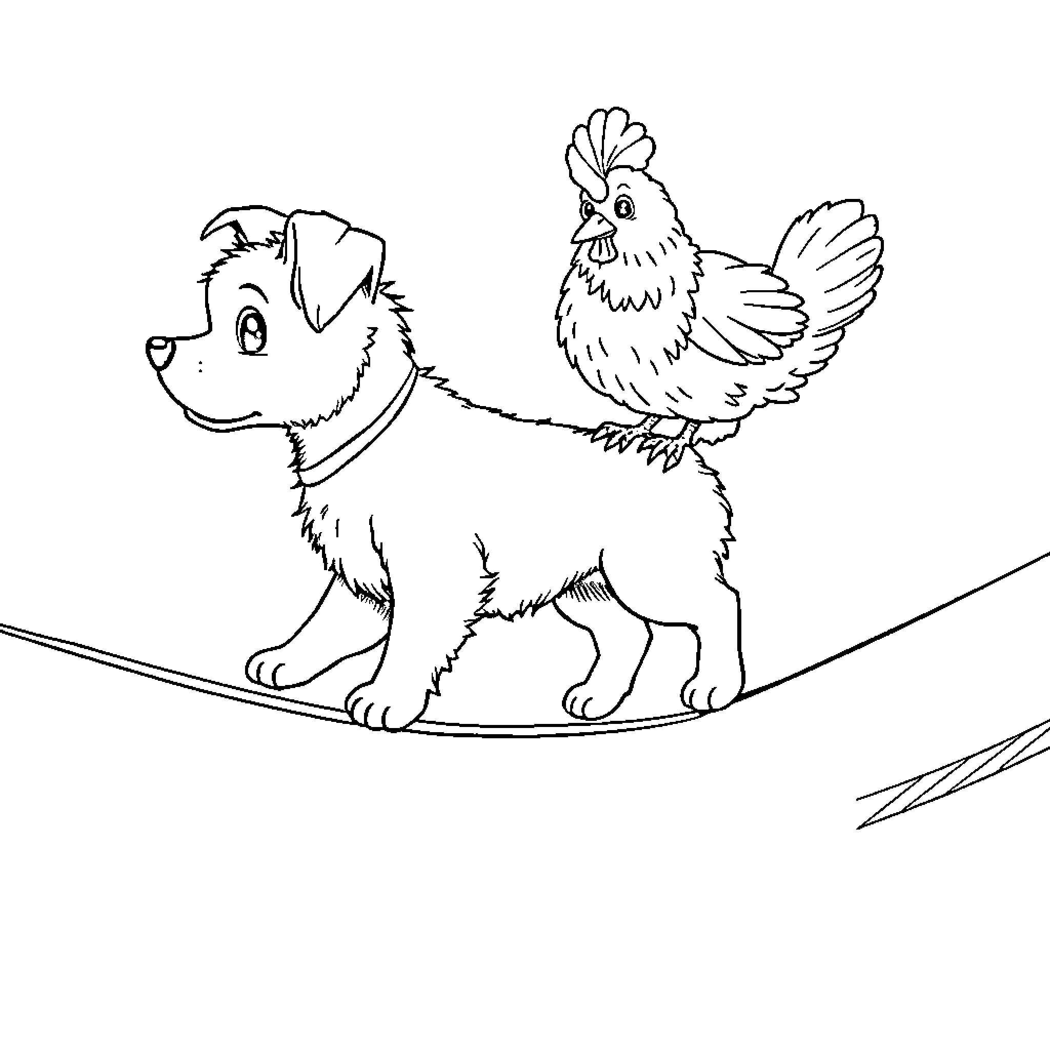 Dog and Chicken Exploring Together Coloring Page (free black-and-white line drawing printable PDF for all, from beginners to advanced learners, including children, teens, adults, and seniors)