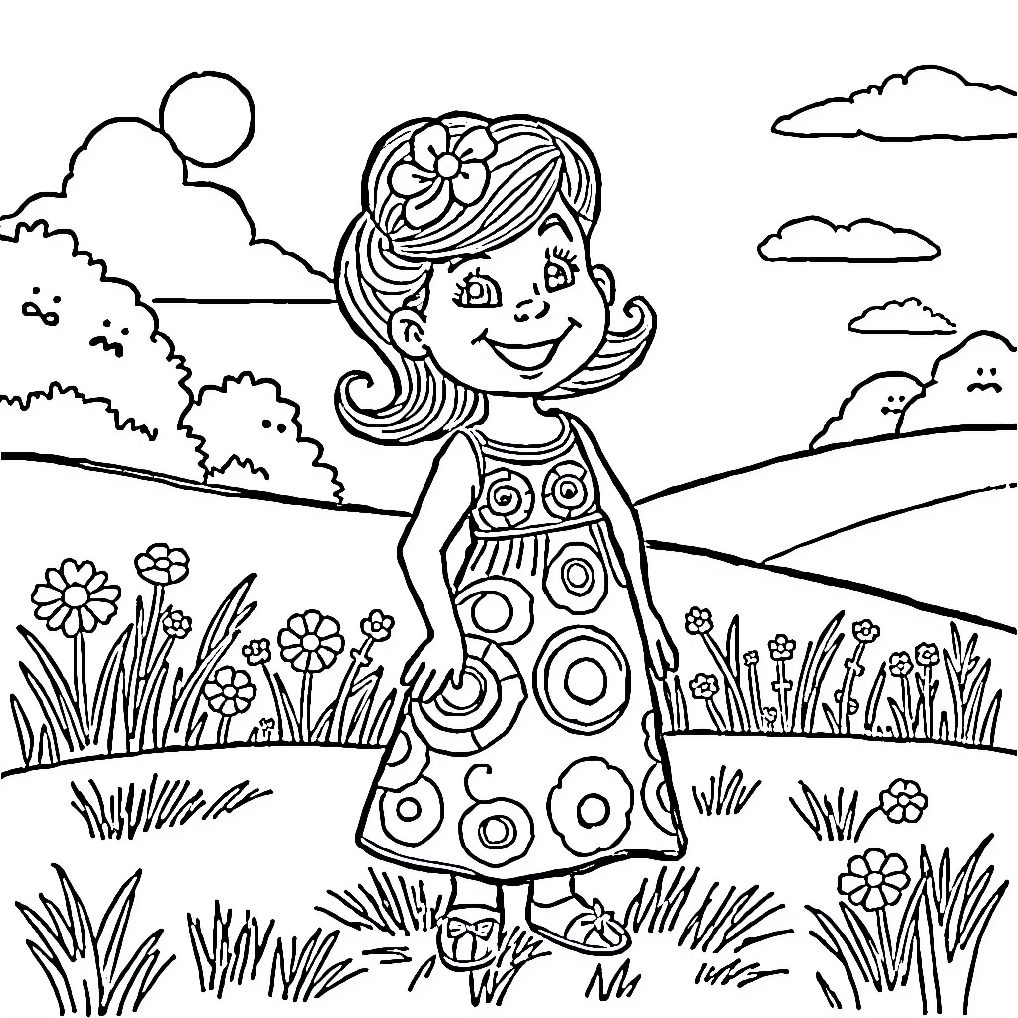 Pepa enjoying a lovely day in the meadow Coloring Page (free black-and-white line drawing printable PDF for all, from beginners to advanced learners, including children, teens, adults, and seniors)