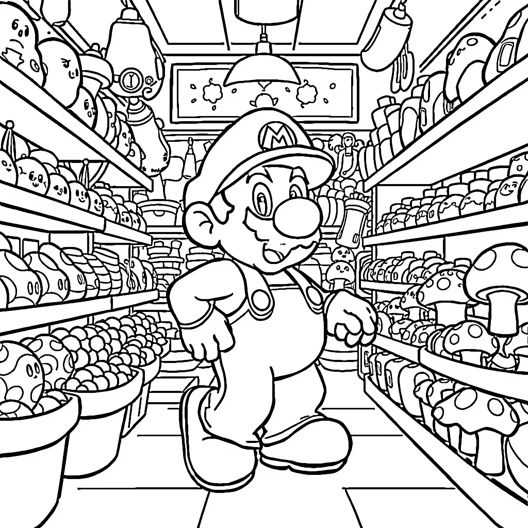 Super Mario exploring a fantastical mushroom kingdom Coloring Page (free black-and-white line drawing printable PDF for all, from beginners to advanced learners, including children, teens, adults, and seniors)