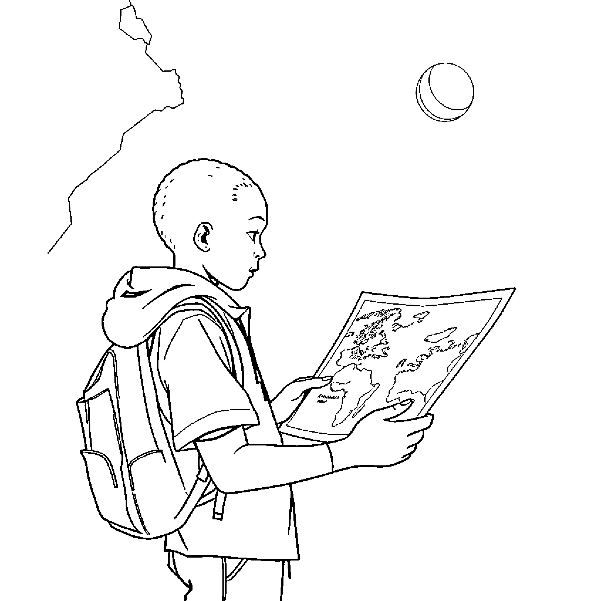 Boy exploring map under crescent moon Coloring Page (free black-and-white line drawing printable PDF for all, from beginners to advanced learners, including children, teens, adults, and seniors)