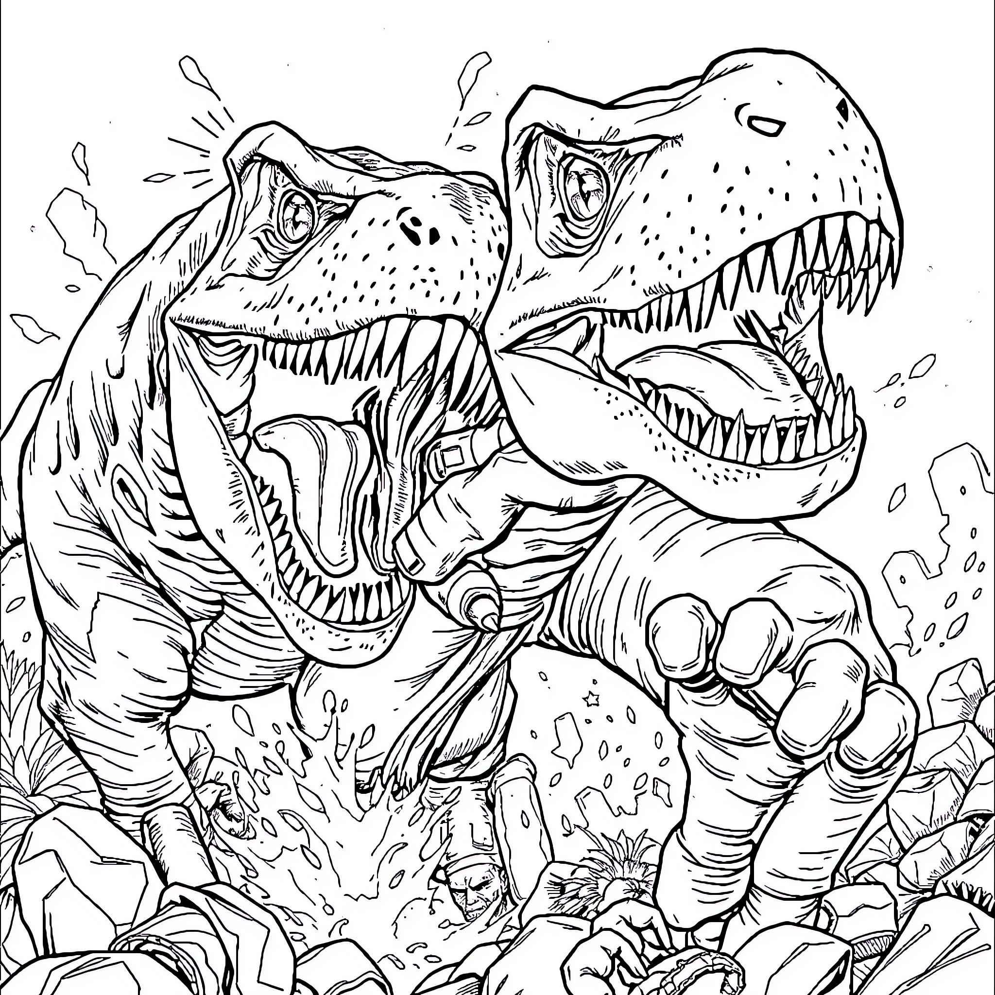 Hulk Dinosaurs Clash in Explosive Encounter Coloring Page (free black-and-white line drawing printable PDF for all, from beginners to advanced learners, including children, teens, adults, and seniors)