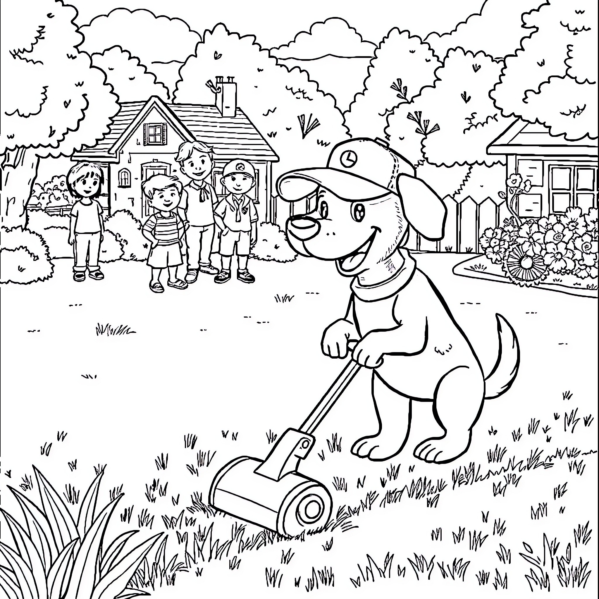 Dog happily mowing the lawn with kids watching Coloring Page (free black-and-white line drawing printable PDF for all, from beginners to advanced learners, including children, teens, adults, and seniors)