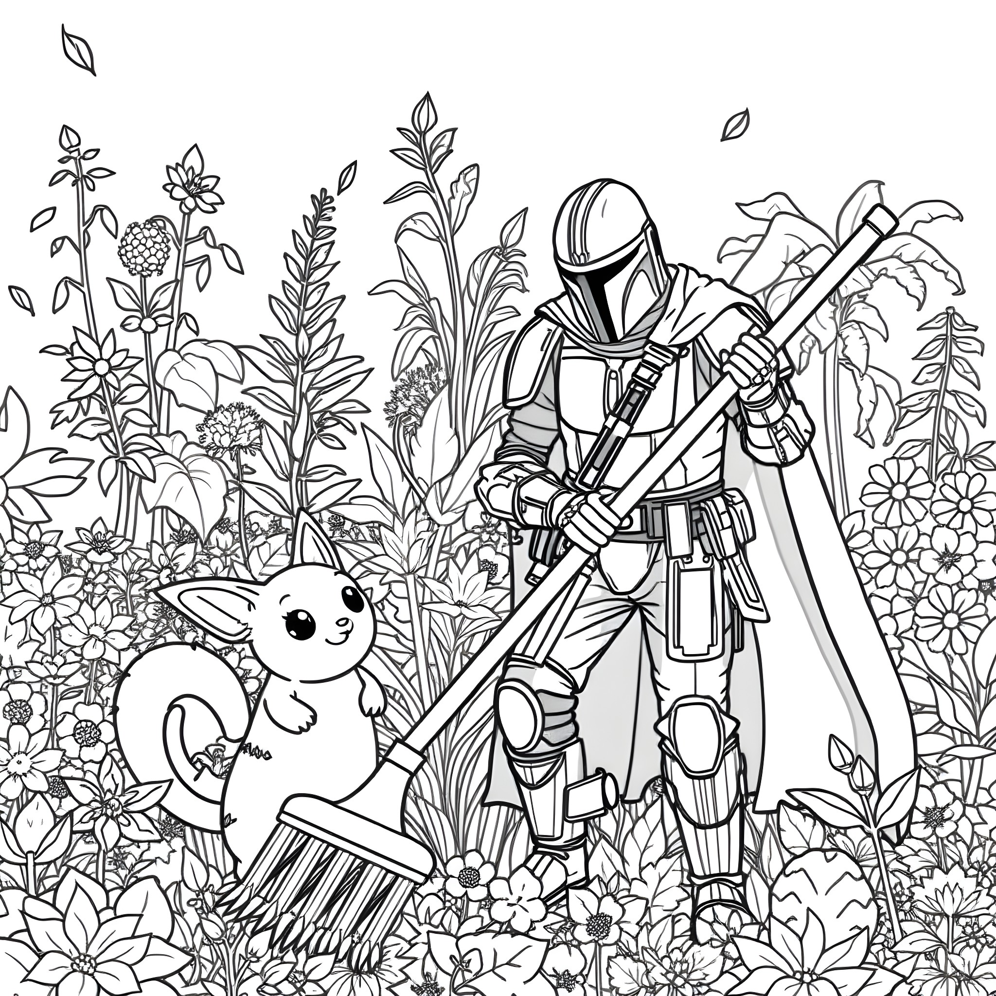 Mandalorian Warrior Traversing Through Lush Foliage Coloring Page (free black-and-white line drawing printable PDF for all, from beginners to advanced learners, including children, teens, adults, and seniors)