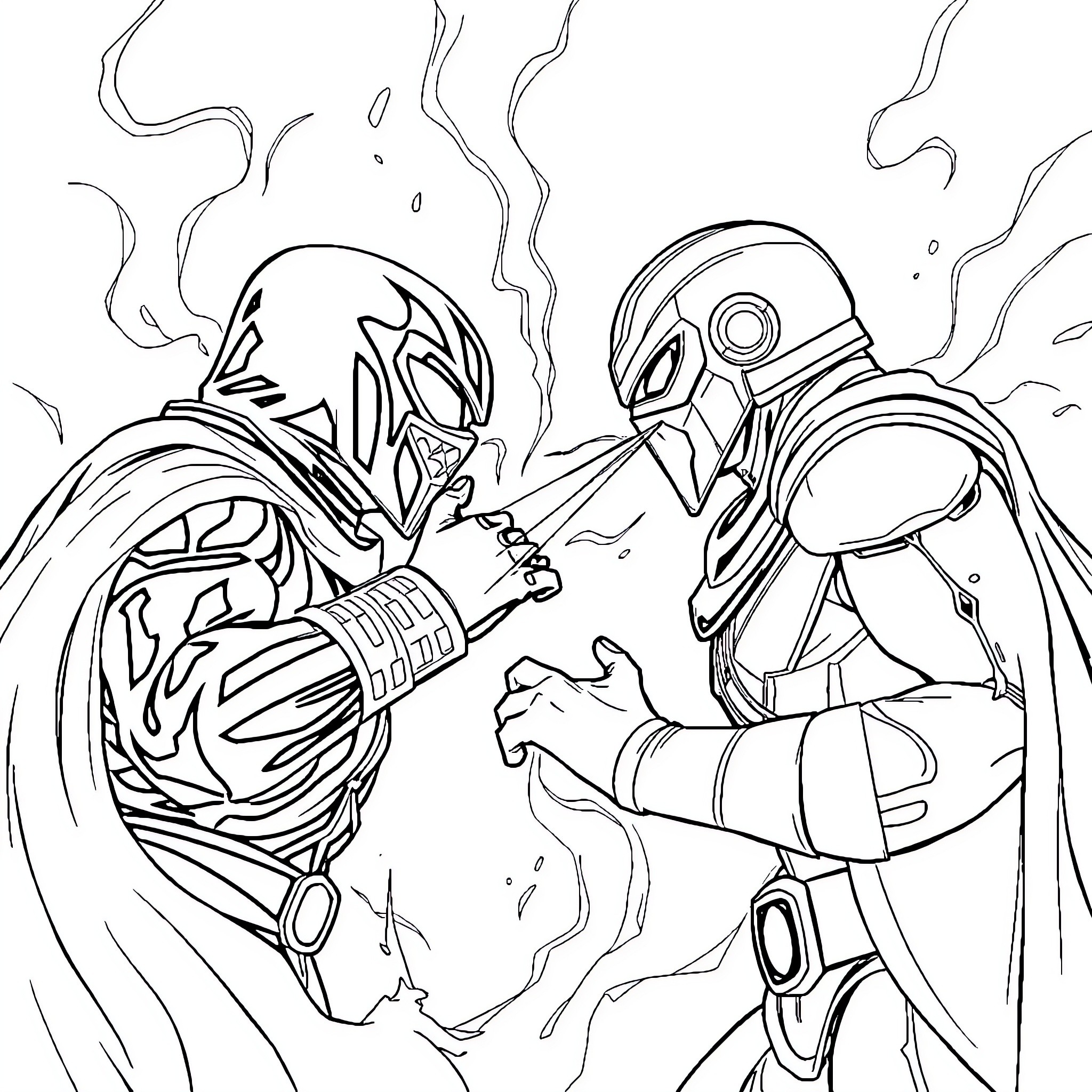 Sub Zero Showdown Between Masked Adversaries Coloring Page (free black-and-white line drawing printable PDF for all, from beginners to advanced learners, including children, teens, adults, and seniors)