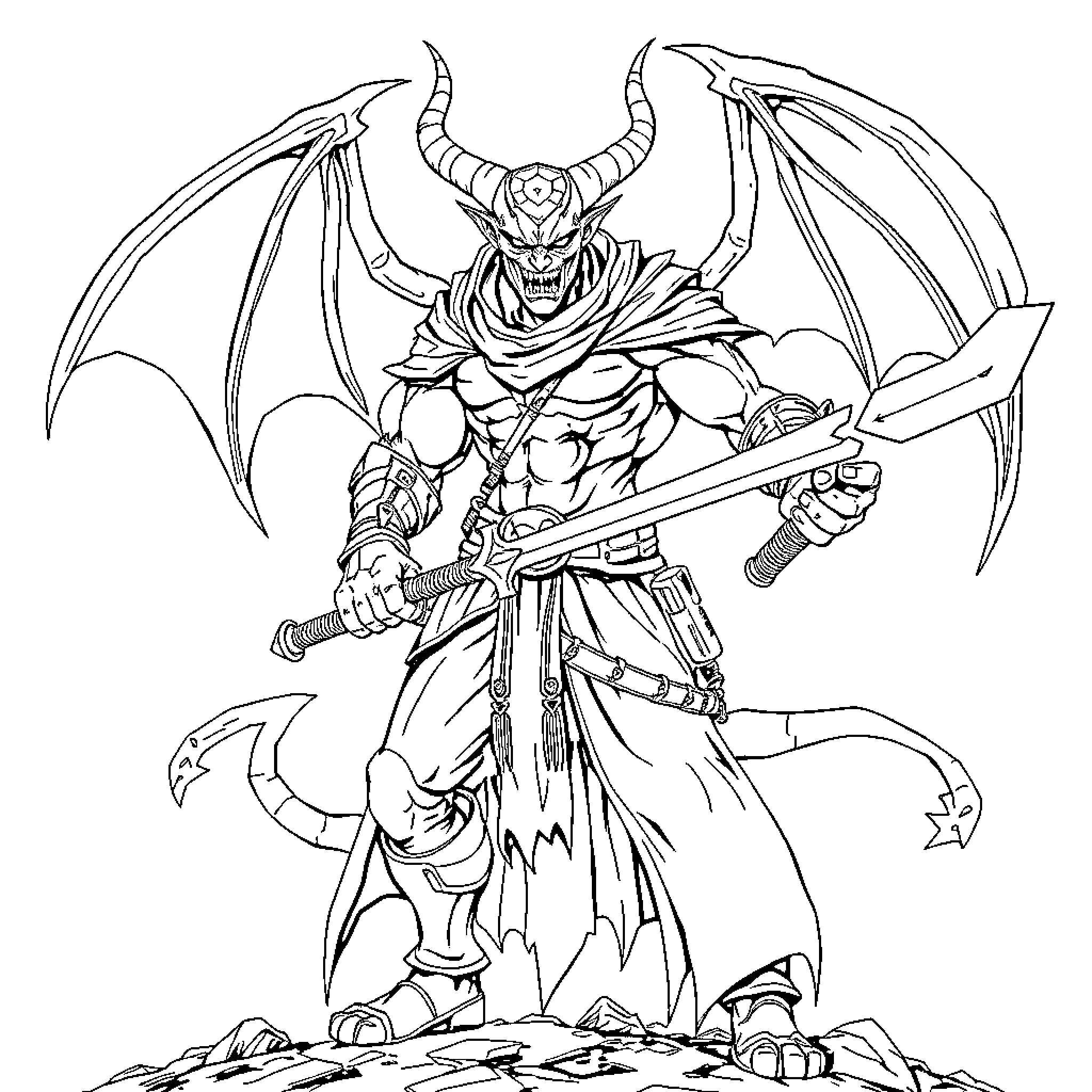 Demon Hunter wielding a powerful blade in battle Coloring Page (free black-and-white line drawing printable PDF for all, from beginners to advanced learners, including children, teens, adults, and seniors)