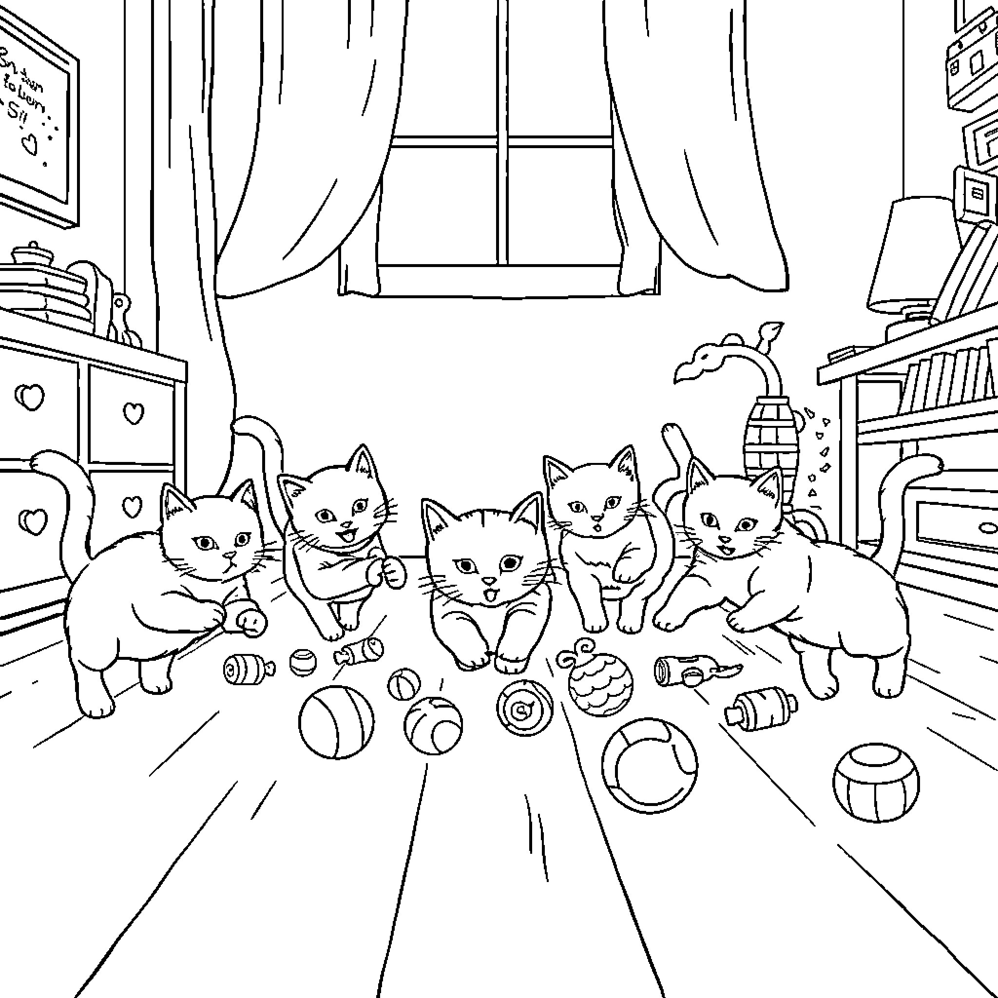 Cat Kittens Exploring Room with Toys Coloring Page (free black-and-white line drawing printable PDF for all, from beginners to advanced learners, including children, teens, adults, and seniors)
