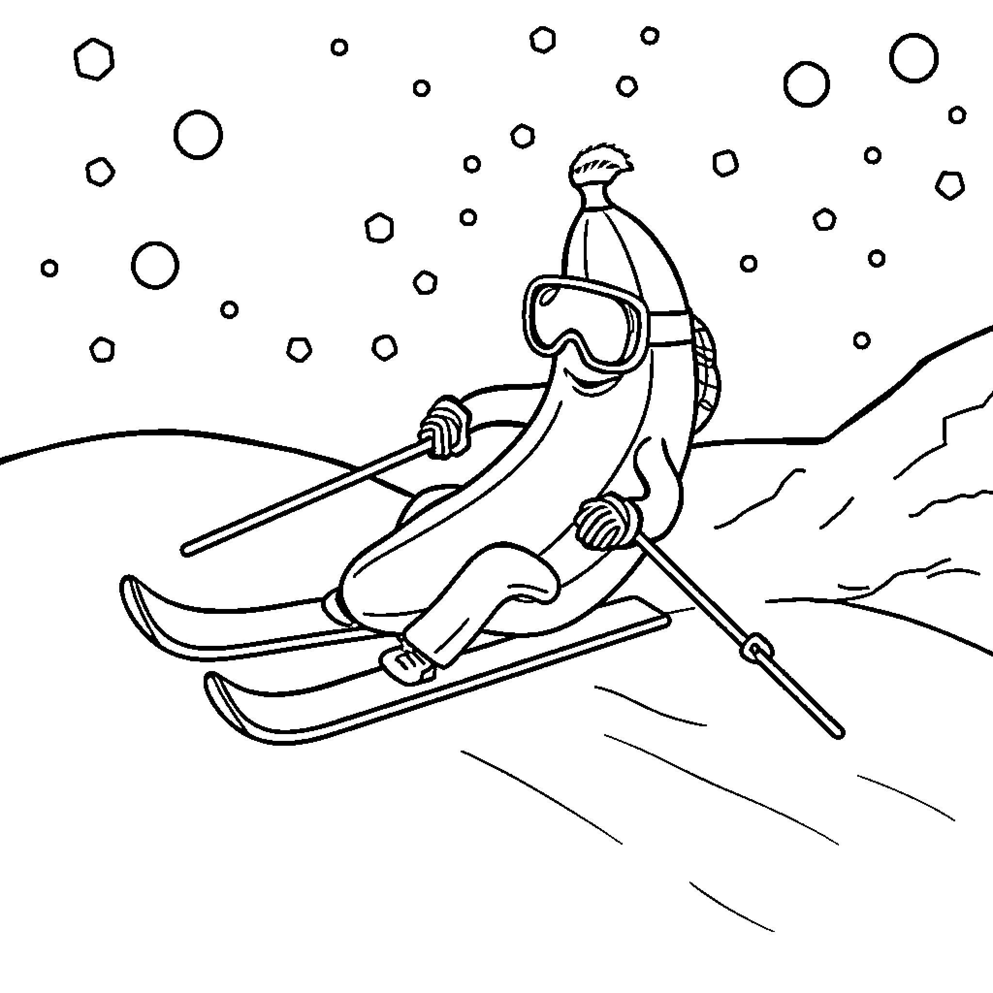Banana skiing through the snowy landscape Coloring Page (free black-and-white line drawing printable PDF for all, from beginners to advanced learners, including children, teens, adults, and seniors)