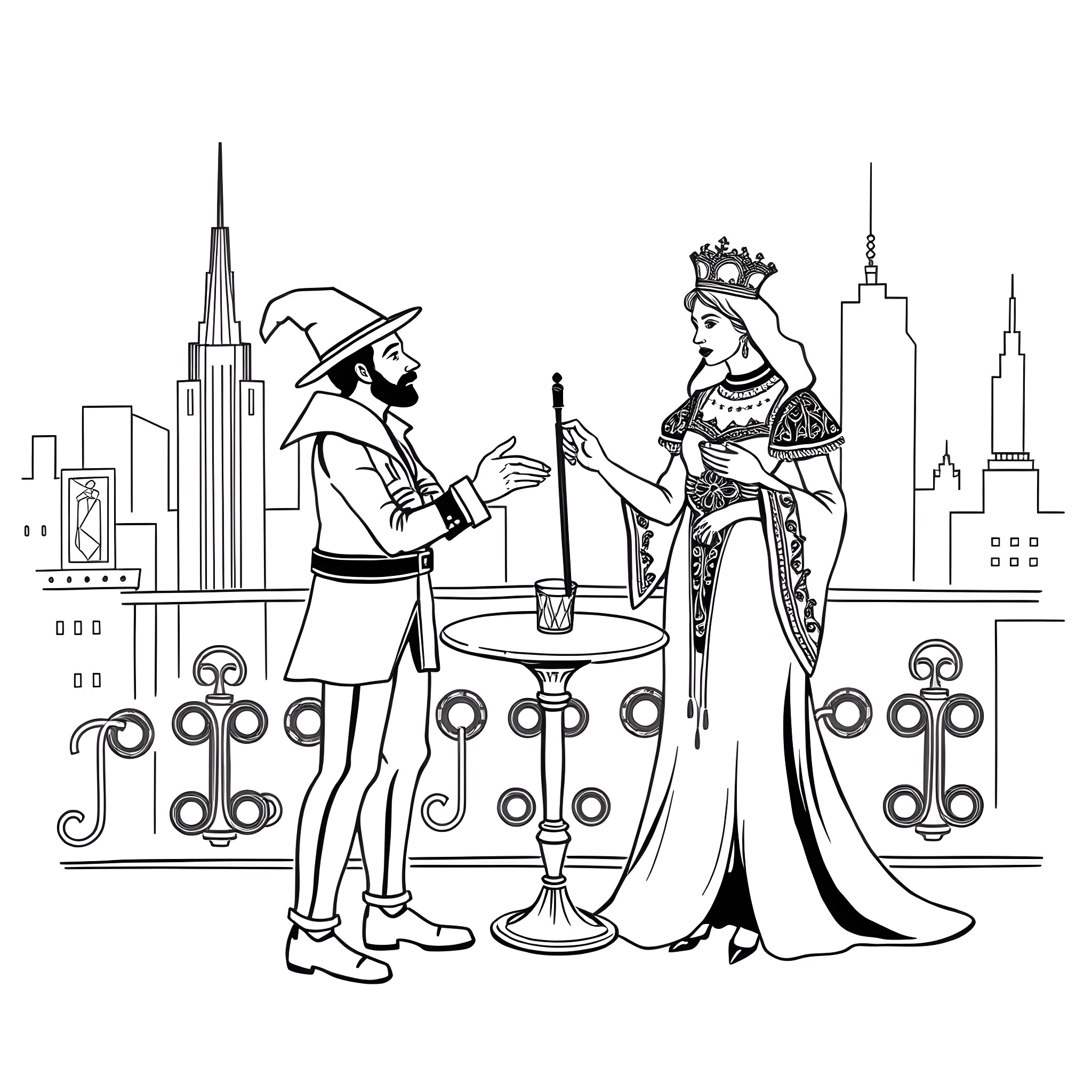 Card of a King and Queen Meeting in the City Coloring Page (free black-and-white line drawing printable PDF for all, from beginners to advanced learners, including children, teens, adults, and seniors)