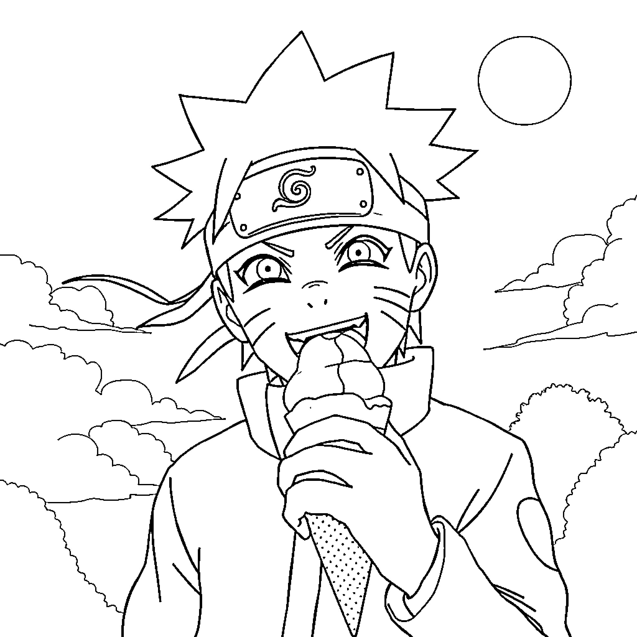 Naruto's Ninja Adventure in the Clouds Coloring Page (free black-and-white line drawing printable PDF for all, from beginners to advanced learners, including children, teens, adults, and seniors)