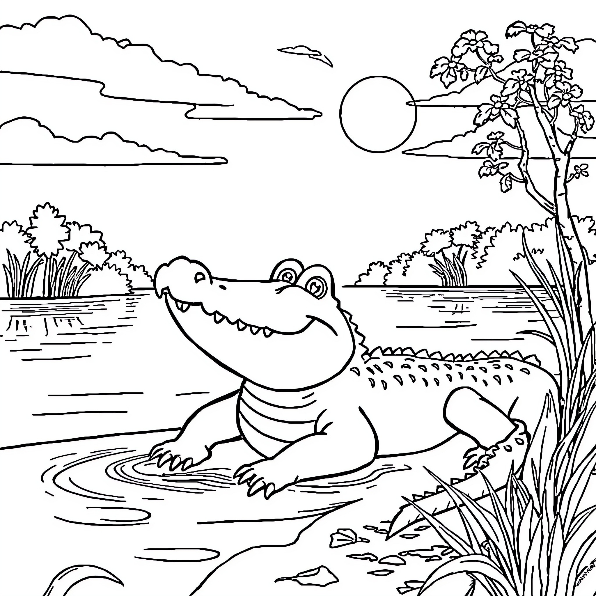 Alligator enjoying tranquil pond and lush scenery Coloring Page (free black-and-white line drawing printable PDF for all, from beginners to advanced learners, including children, teens, adults, and seniors)