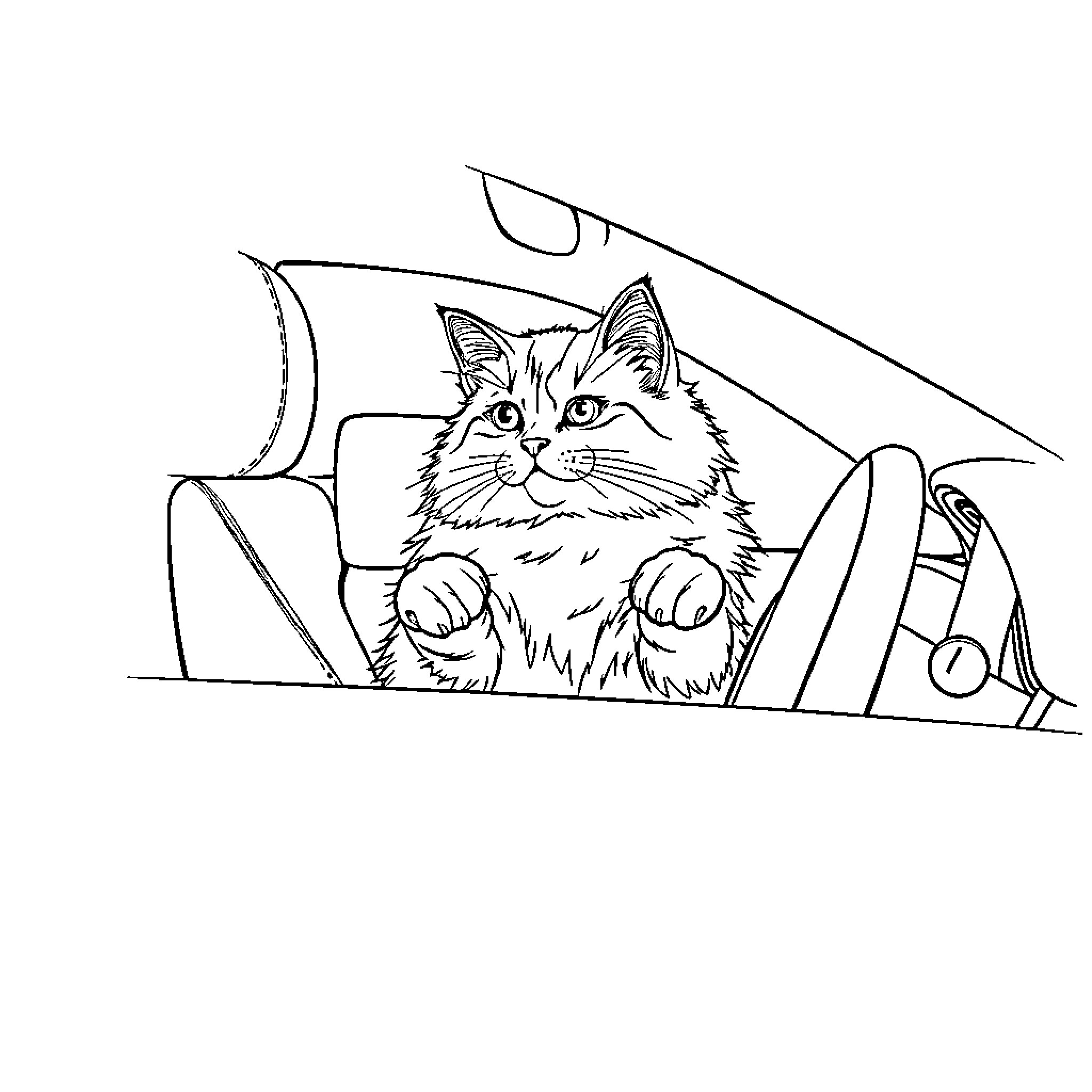 Cat peeking out from car window Coloring Page (free black-and-white line drawing printable PDF for all, from beginners to advanced learners, including children, teens, adults, and seniors)