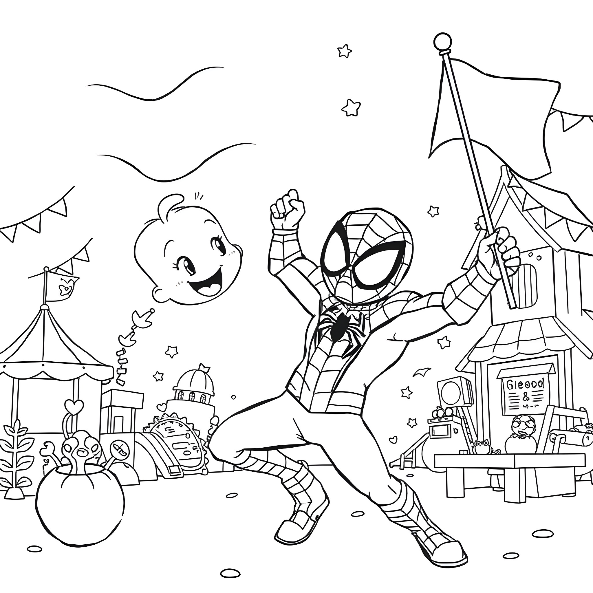 Bluey's Carnival Adventure Coloring Page (free black-and-white line drawing printable PDF for all, from beginners to advanced learners, including children, teens, adults, and seniors)