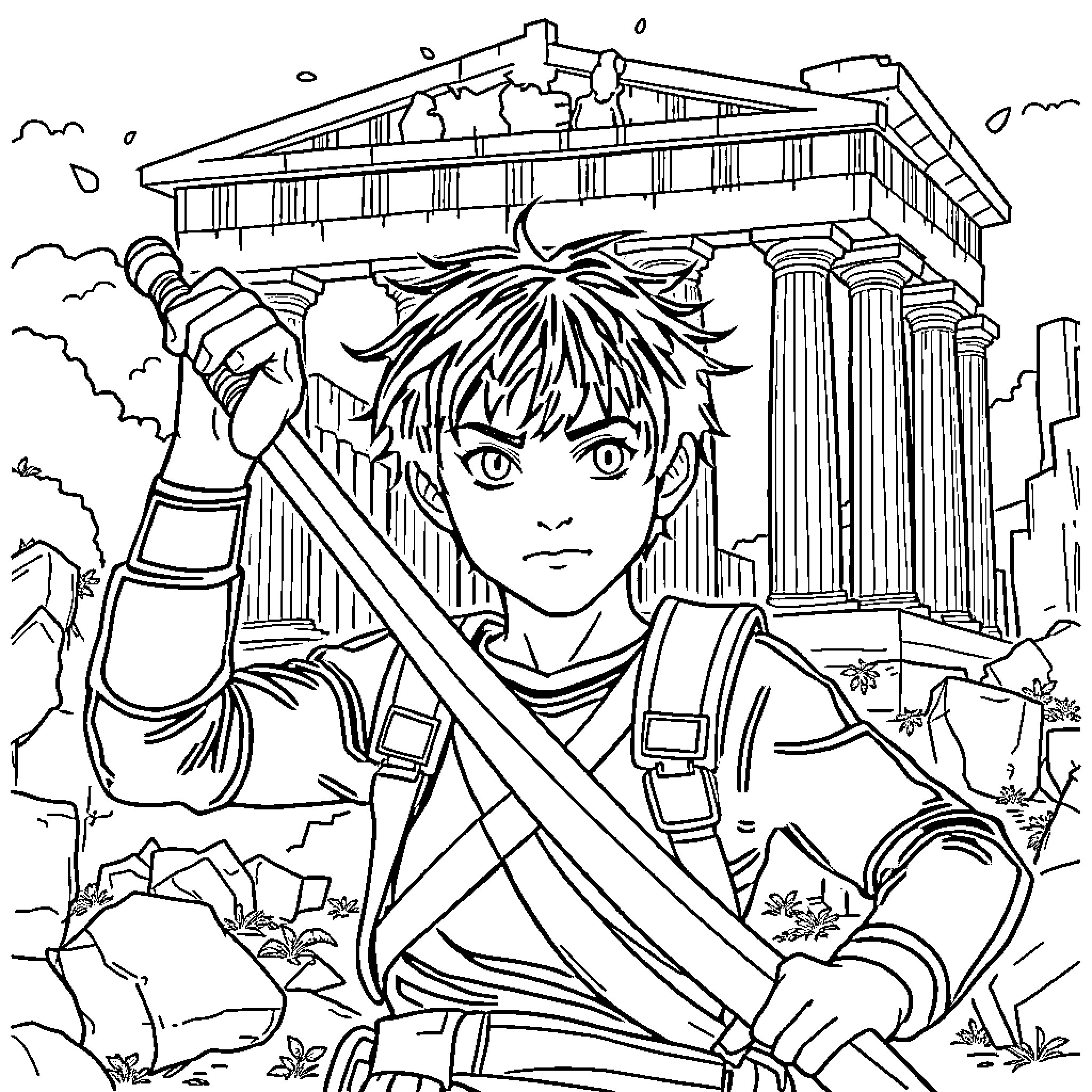Percy Jackson in Greek mythology adventure Coloring Page (free black-and-white line drawing printable PDF for all, from beginners to advanced learners, including children, teens, adults, and seniors)