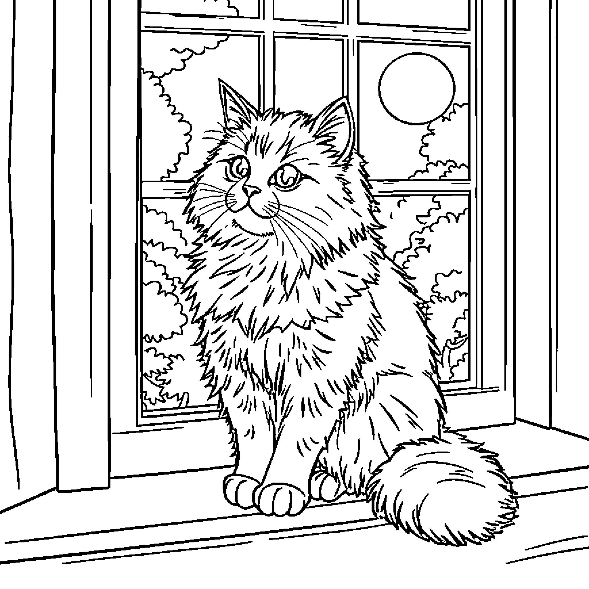 Cat sitting by a window Coloring Page (free black-and-white line drawing printable PDF for all, from beginners to advanced learners, including children, teens, adults, and seniors)
