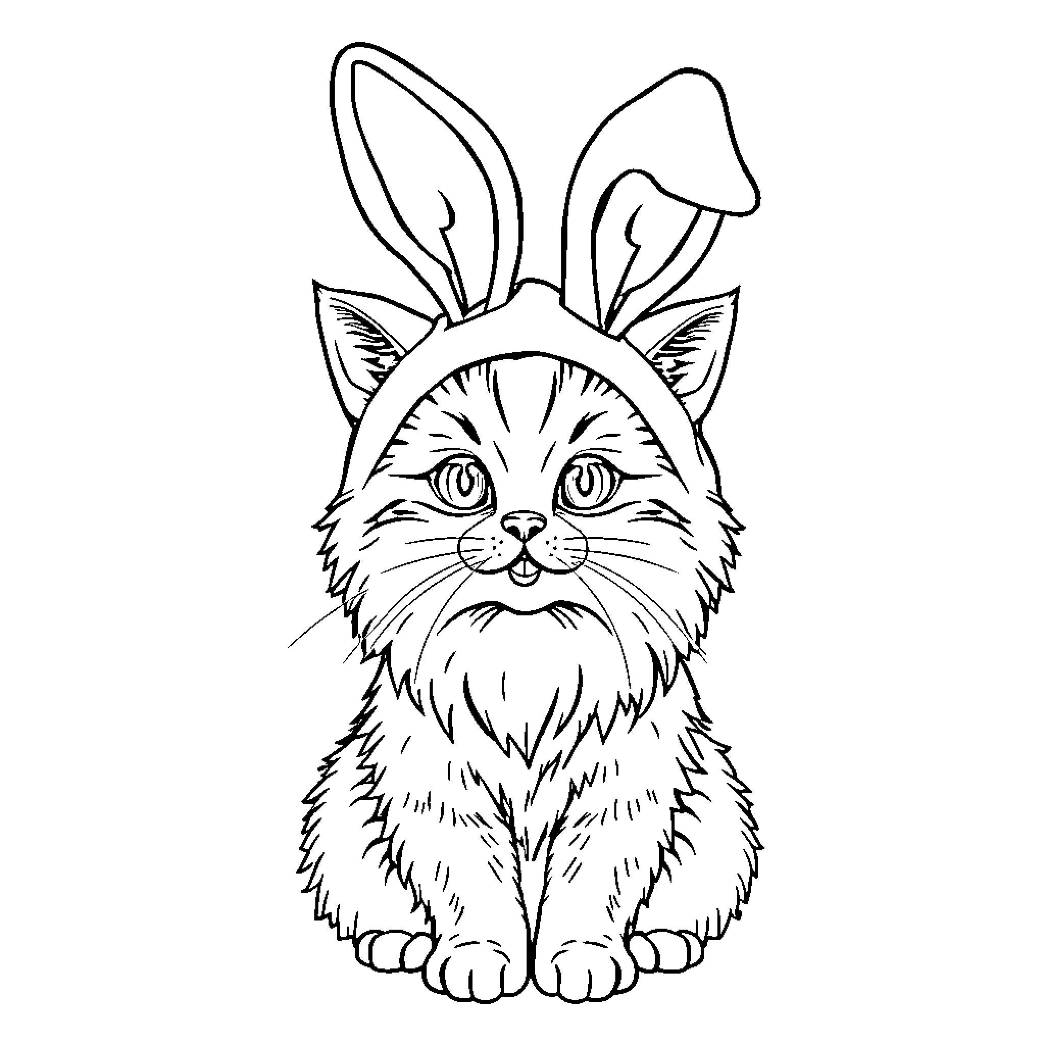 Cat with bunny ears striking a cute pose Coloring Page (free black-and-white line drawing printable PDF for all, from beginners to advanced learners, including children, teens, adults, and seniors)