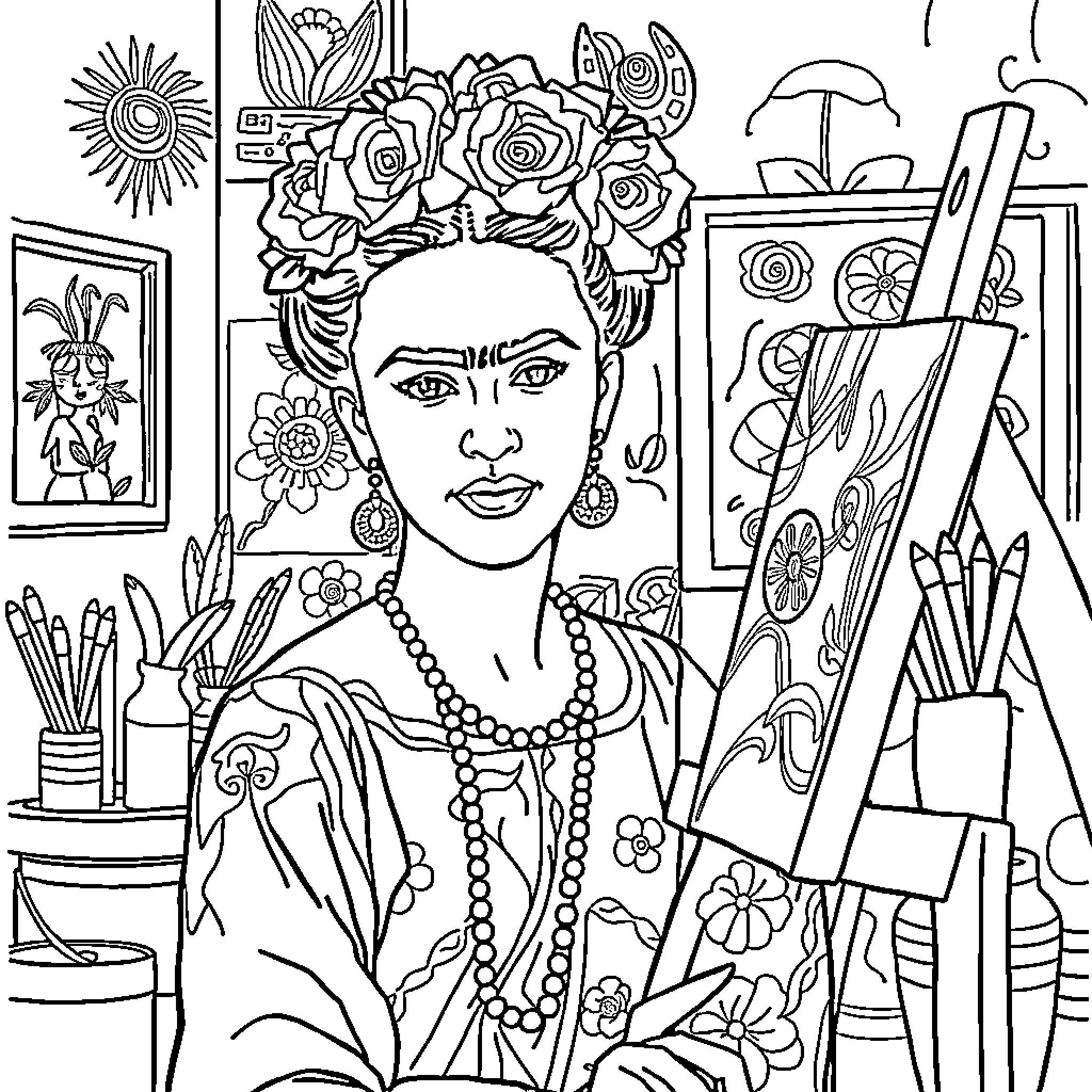 Frida Kahlo's Artistic Self-Expression Coloring Page (free black-and-white line drawing printable PDF for all, from beginners to advanced learners, including children, teens, adults, and seniors)