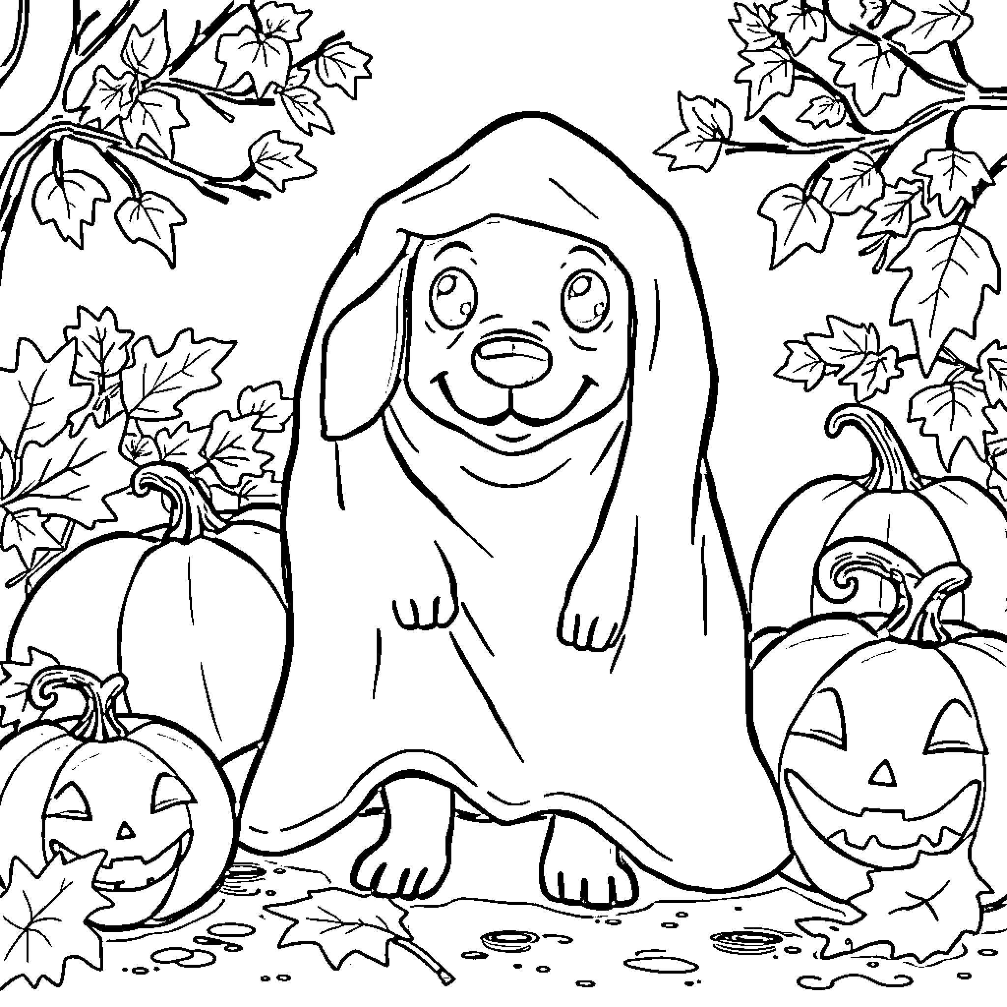 Sausage Dog playing in the autumn leaves Coloring Page (free black-and-white line drawing printable PDF for all, from beginners to advanced learners, including children, teens, adults, and seniors)