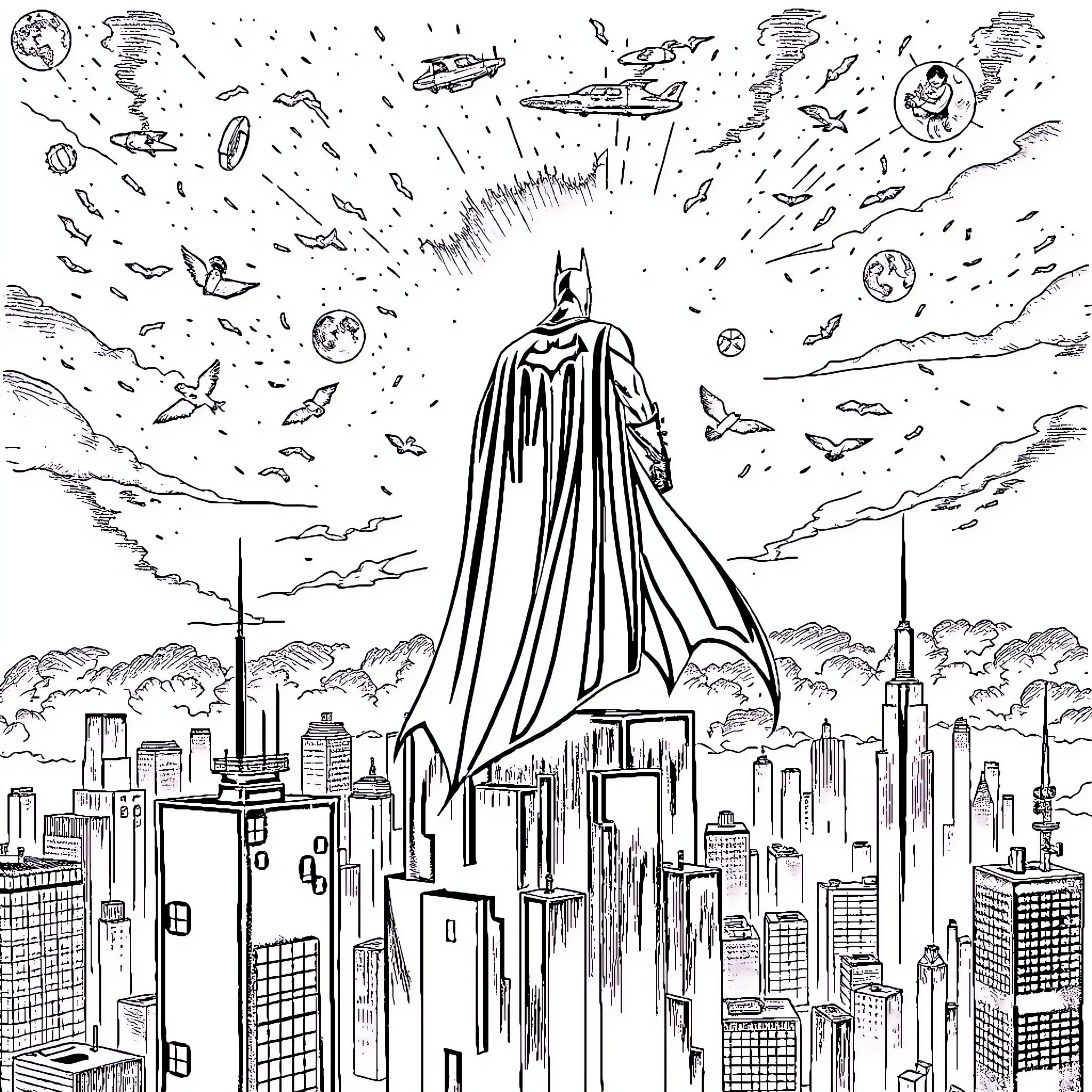 Batman surveying his city with vigilance Coloring Page (free black-and-white line drawing printable PDF for all, from beginners to advanced learners, including children, teens, adults, and seniors)