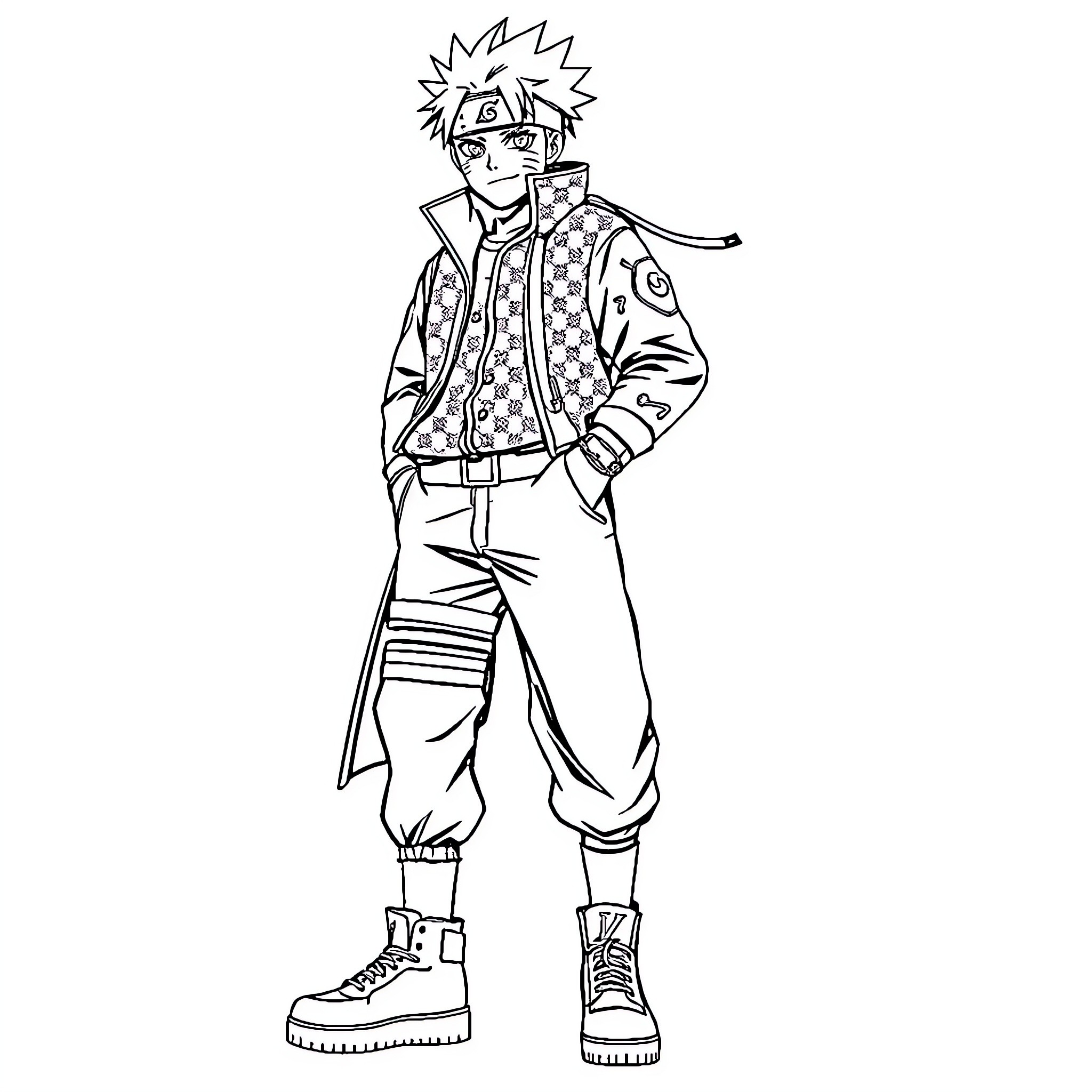 Naruto Ninja in Action Stance Coloring Page (free black-and-white line drawing printable PDF for all, from beginners to advanced learners, including children, teens, adults, and seniors)