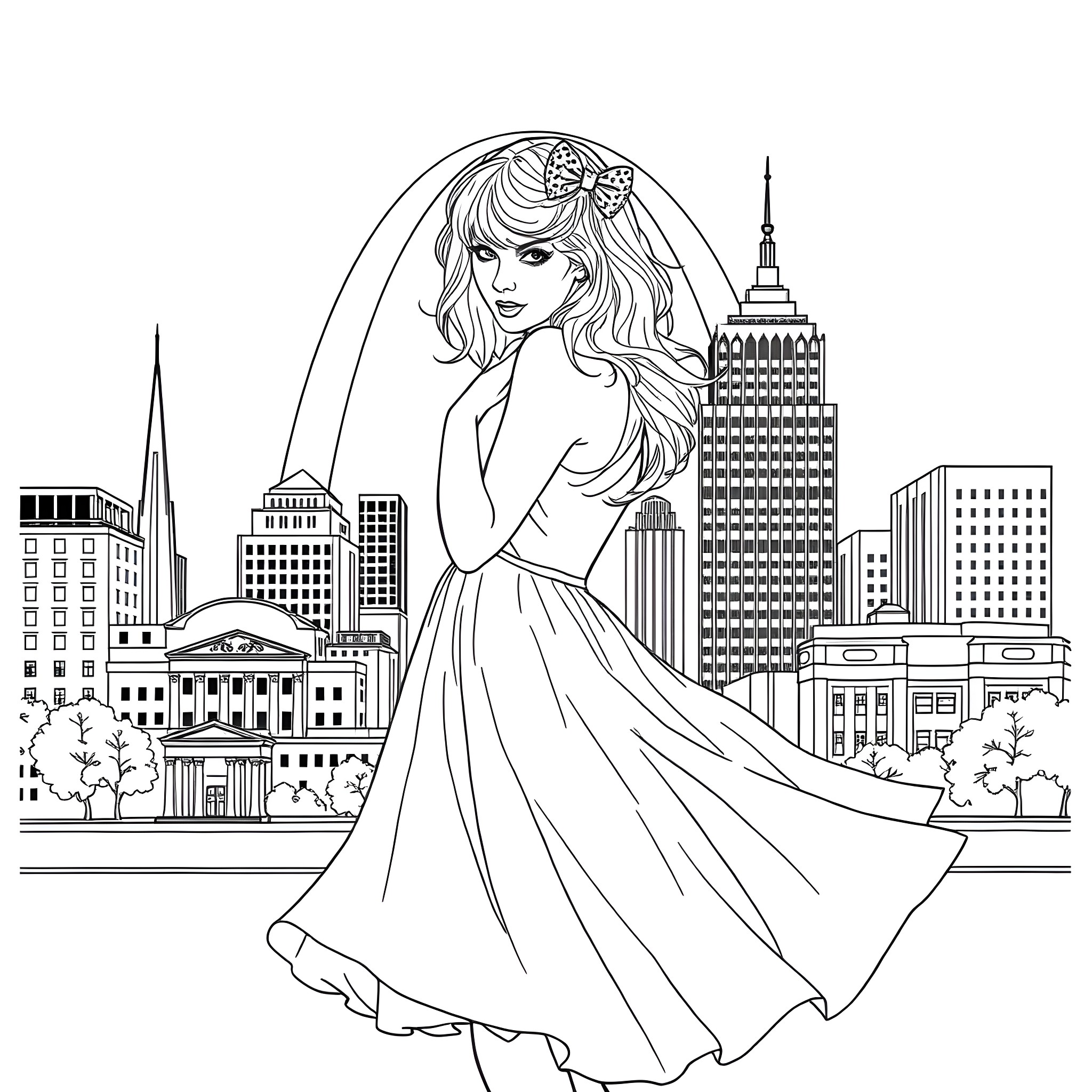 Taylor Swift posing gracefully in a cityscape Coloring Page (free black-and-white line drawing printable PDF for all, from beginners to advanced learners, including children, teens, adults, and seniors)
