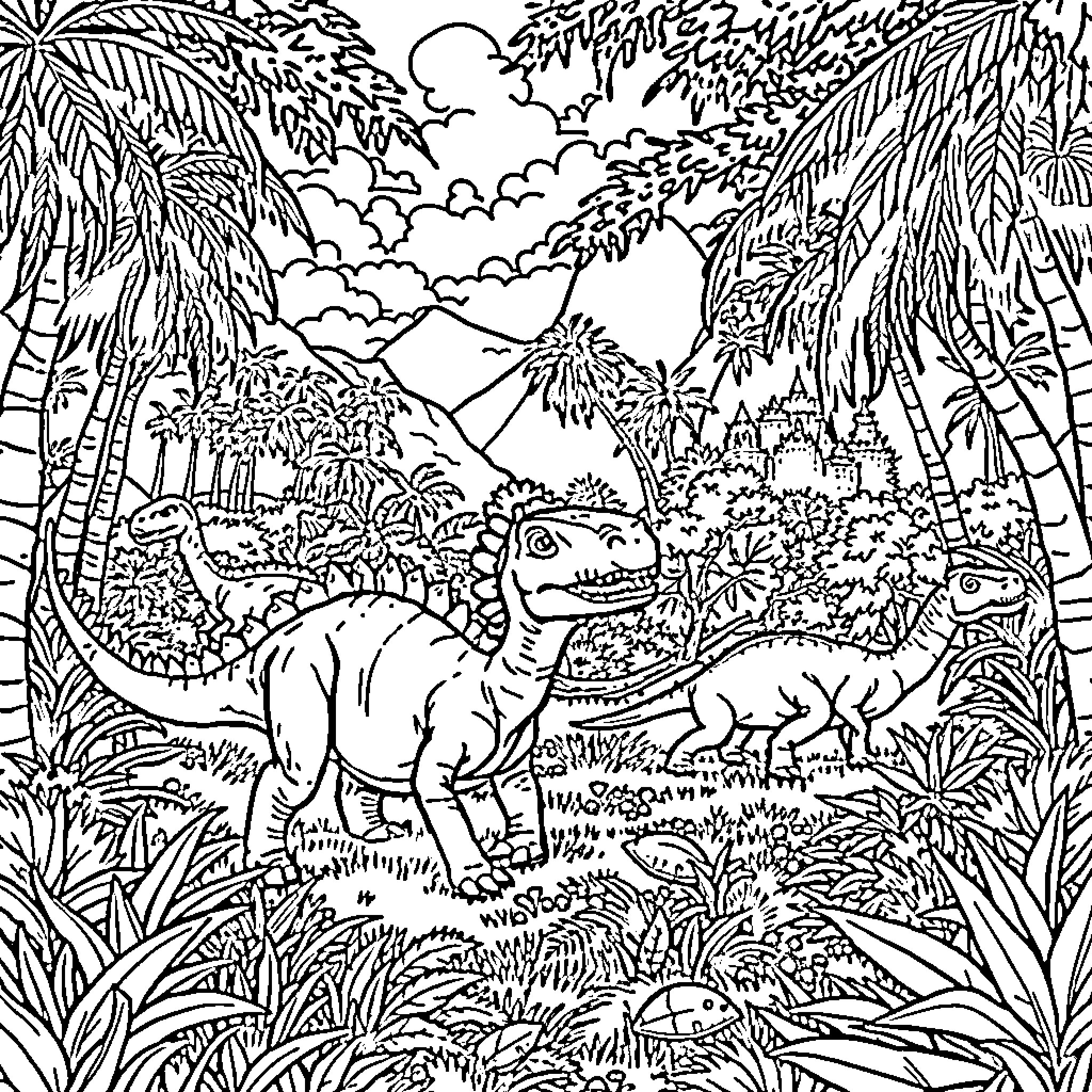 Dinosaur roaming through lush prehistoric landscape Coloring Page (free black-and-white line drawing printable PDF for all, from beginners to advanced learners, including children, teens, adults, and seniors)