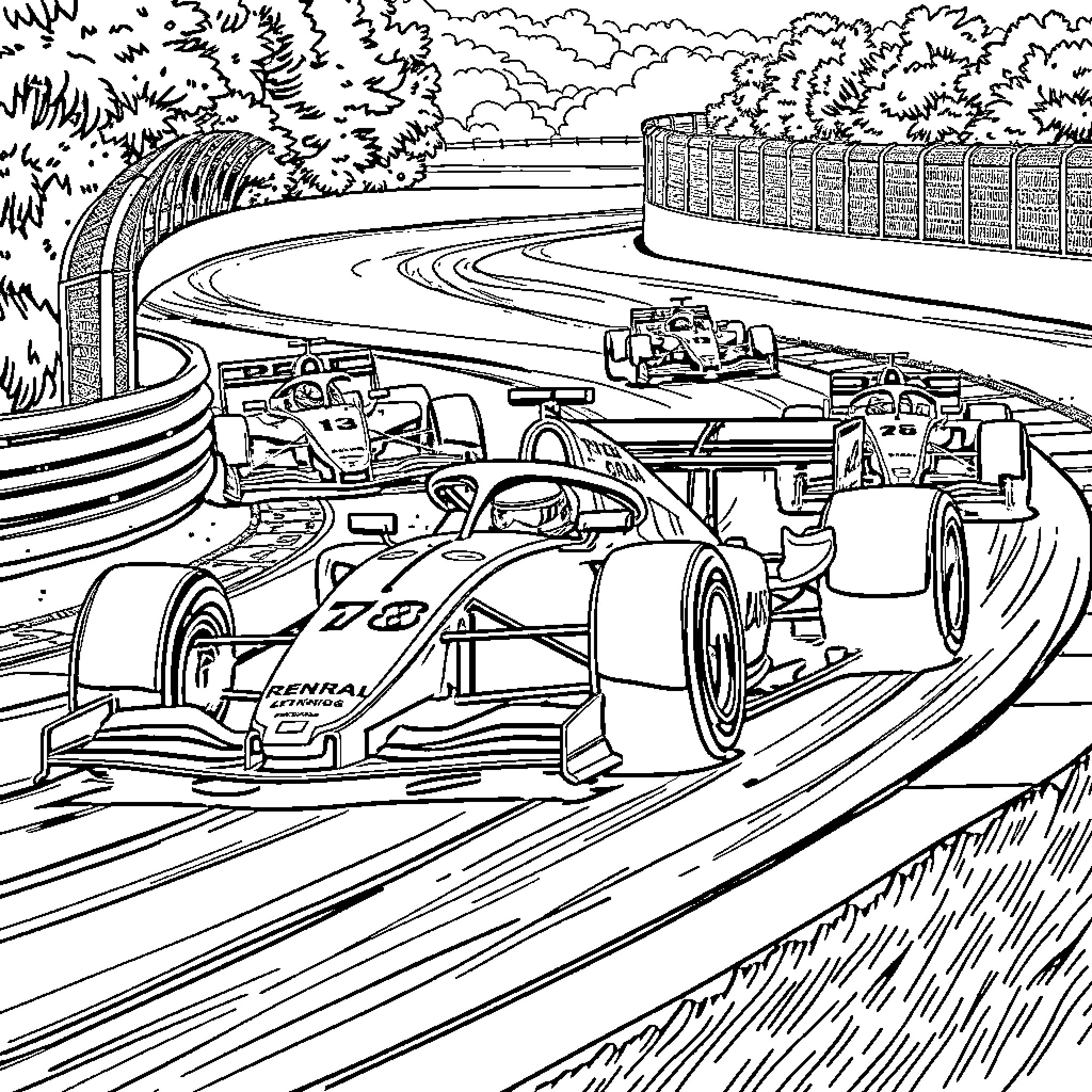 Formula 1 race cars speeding on a winding track Coloring Page (free black-and-white line drawing printable PDF for all, from beginners to advanced learners, including children, teens, adults, and seniors)