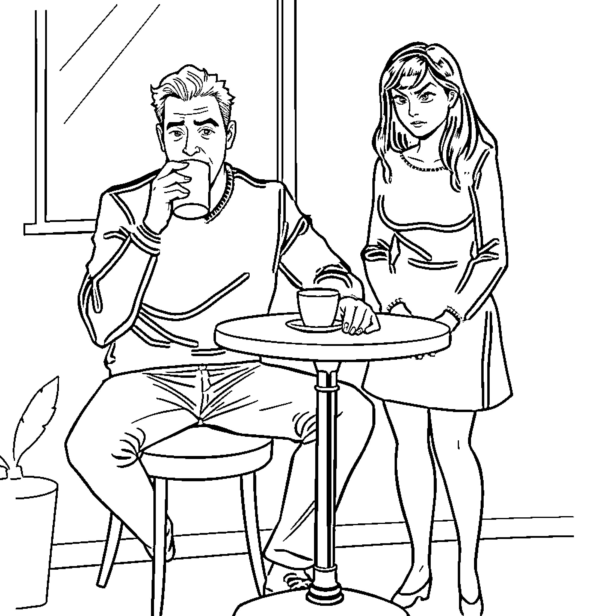 Man and woman conversing in a cafe Coloring Page (free black-and-white line drawing printable PDF for all, from beginners to advanced learners, including children, teens, adults, and seniors)