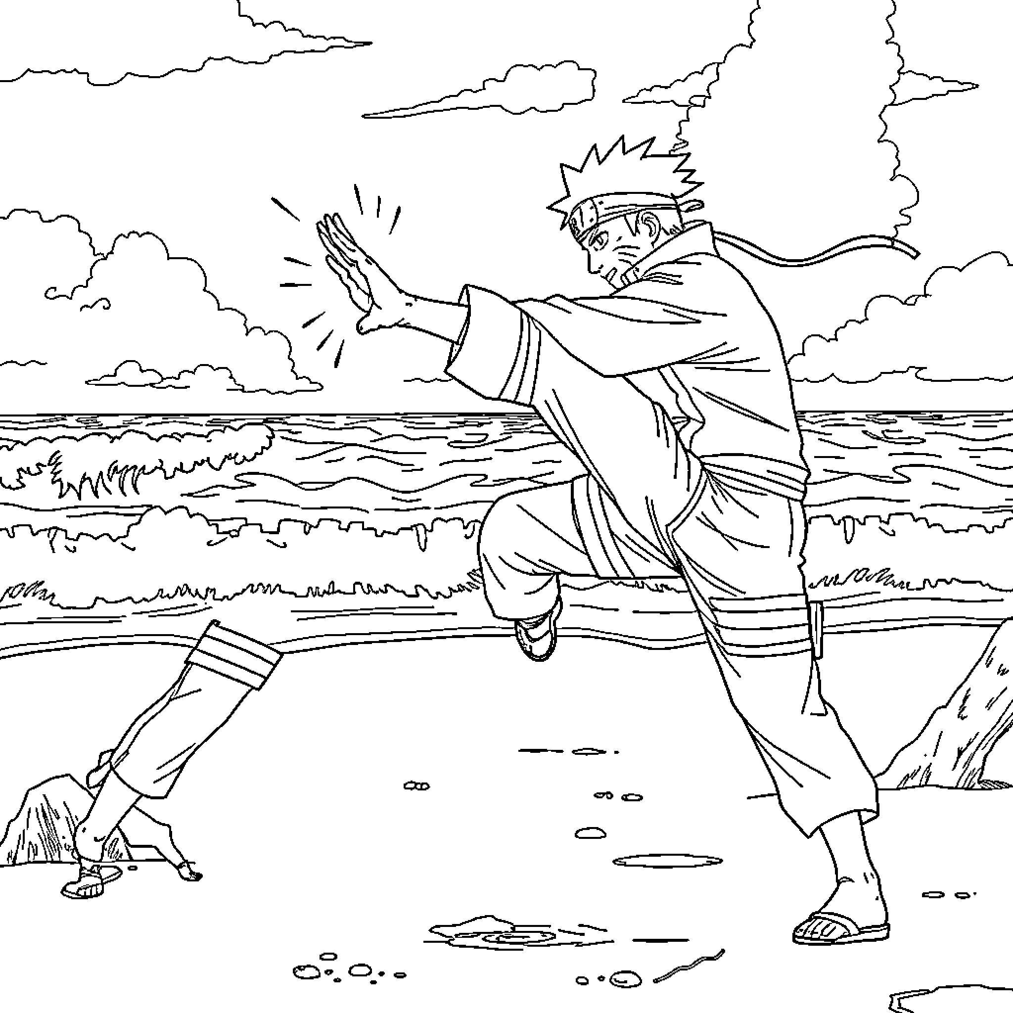 Naruto Releases Powerful Jutsu on the Beach Coloring Page (free black-and-white line drawing printable PDF for all, from beginners to advanced learners, including children, teens, adults, and seniors)
