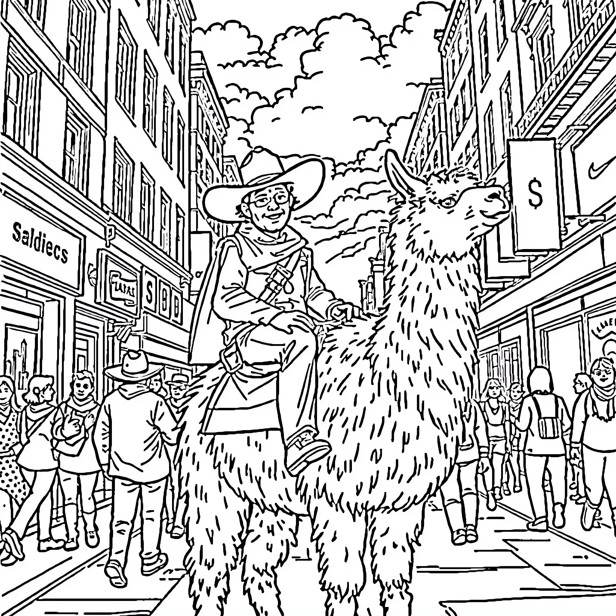 Cowboy strolling with a fluffy llama on a city street Coloring Page (free black-and-white line drawing printable PDF for all, from beginners to advanced learners, including children, teens, adults, and seniors)