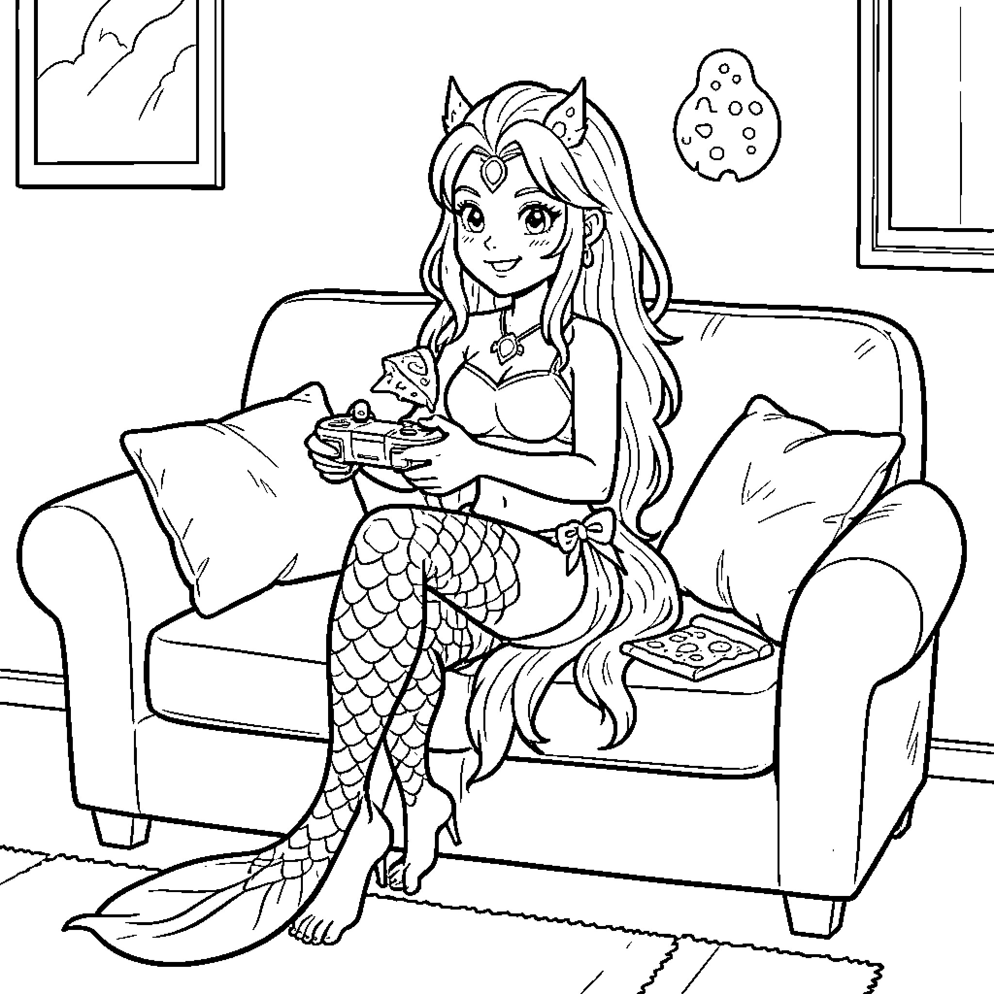 Sirenita sitting on a sofa playing video games Coloring Page (free black-and-white line drawing printable PDF for all, from beginners to advanced learners, including children, teens, adults, and seniors)