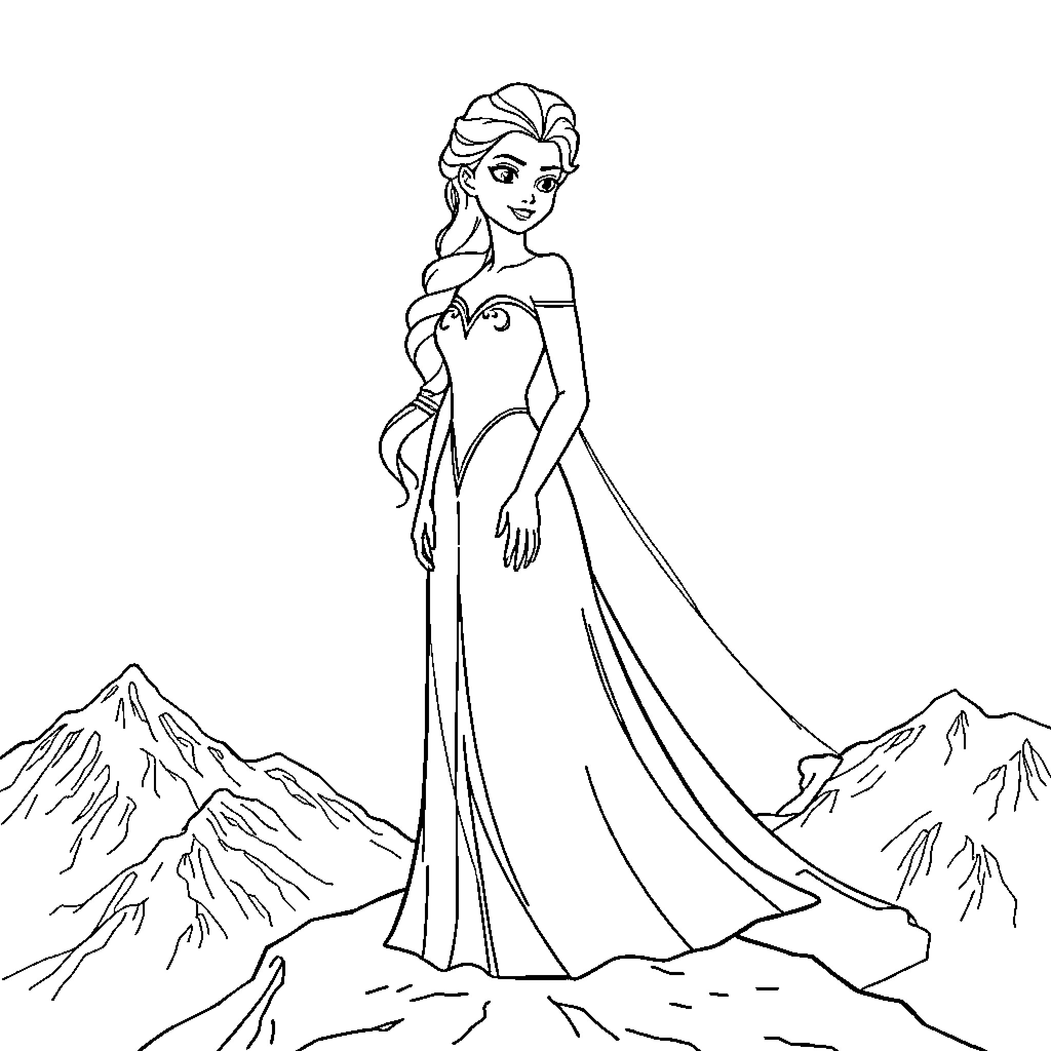 Elsa standing gracefully in her ice gown Coloring Page (free black-and-white line drawing printable PDF for all, from beginners to advanced learners, including children, teens, adults, and seniors)