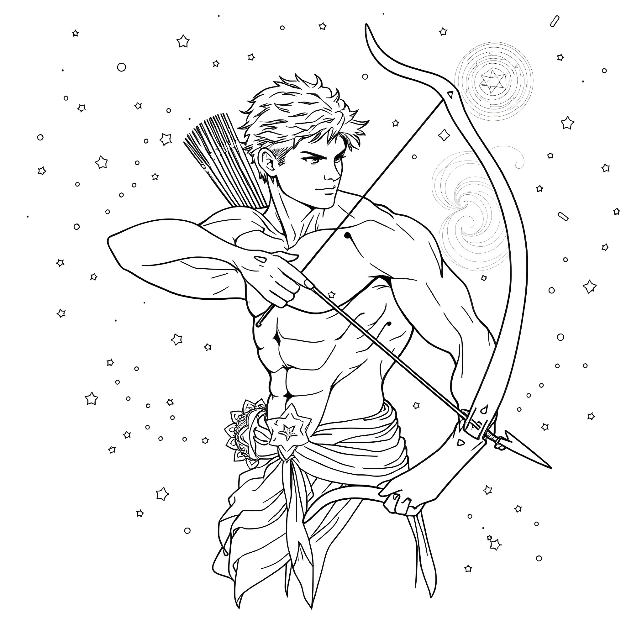 Archer aiming his bow under the starry night sky Coloring Page (free black-and-white line drawing printable PDF for all, from beginners to advanced learners, including children, teens, adults, and seniors)