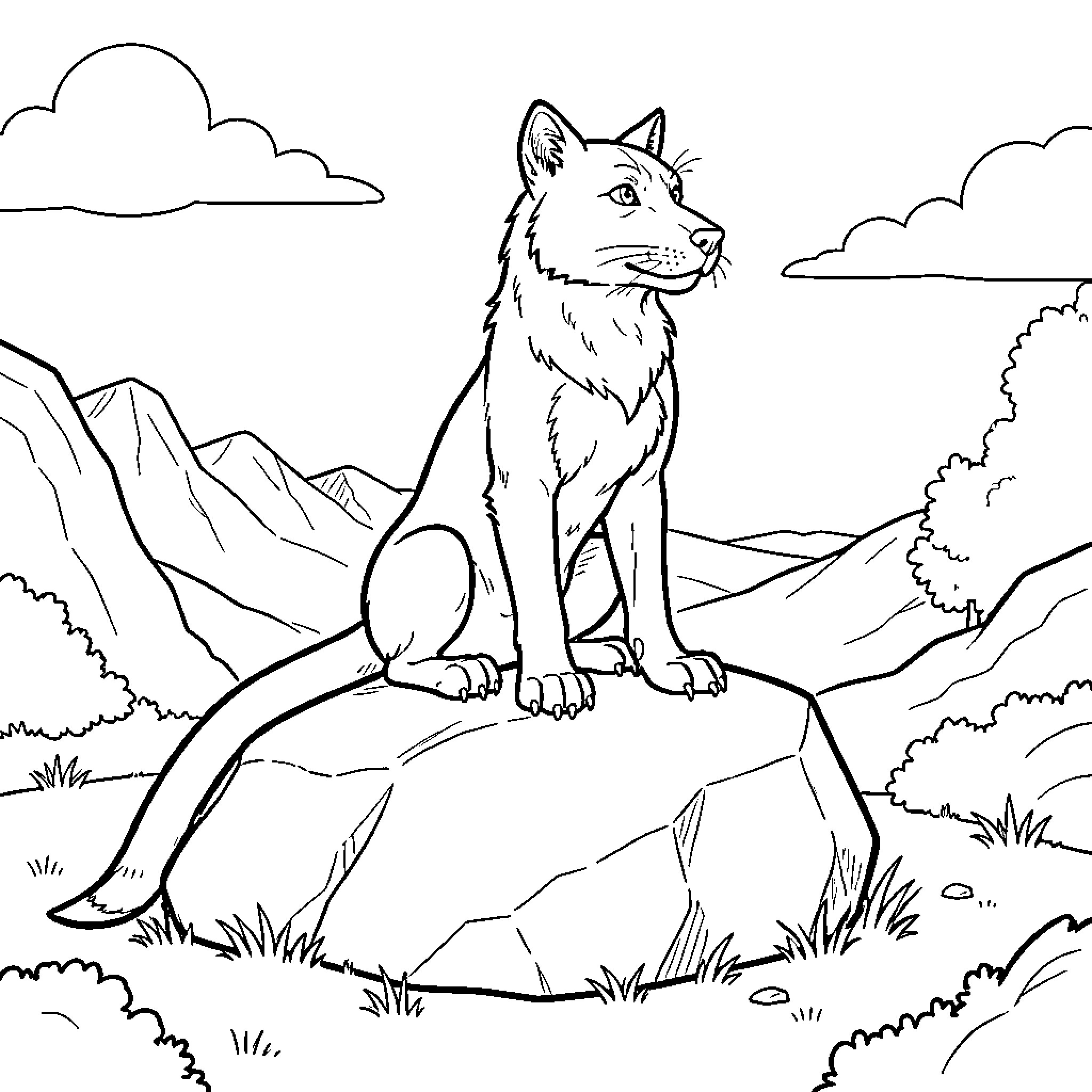Rex sitting majestically on a large rock Coloring Page (free black-and-white line drawing printable PDF for all, from beginners to advanced learners, including children, teens, adults, and seniors)