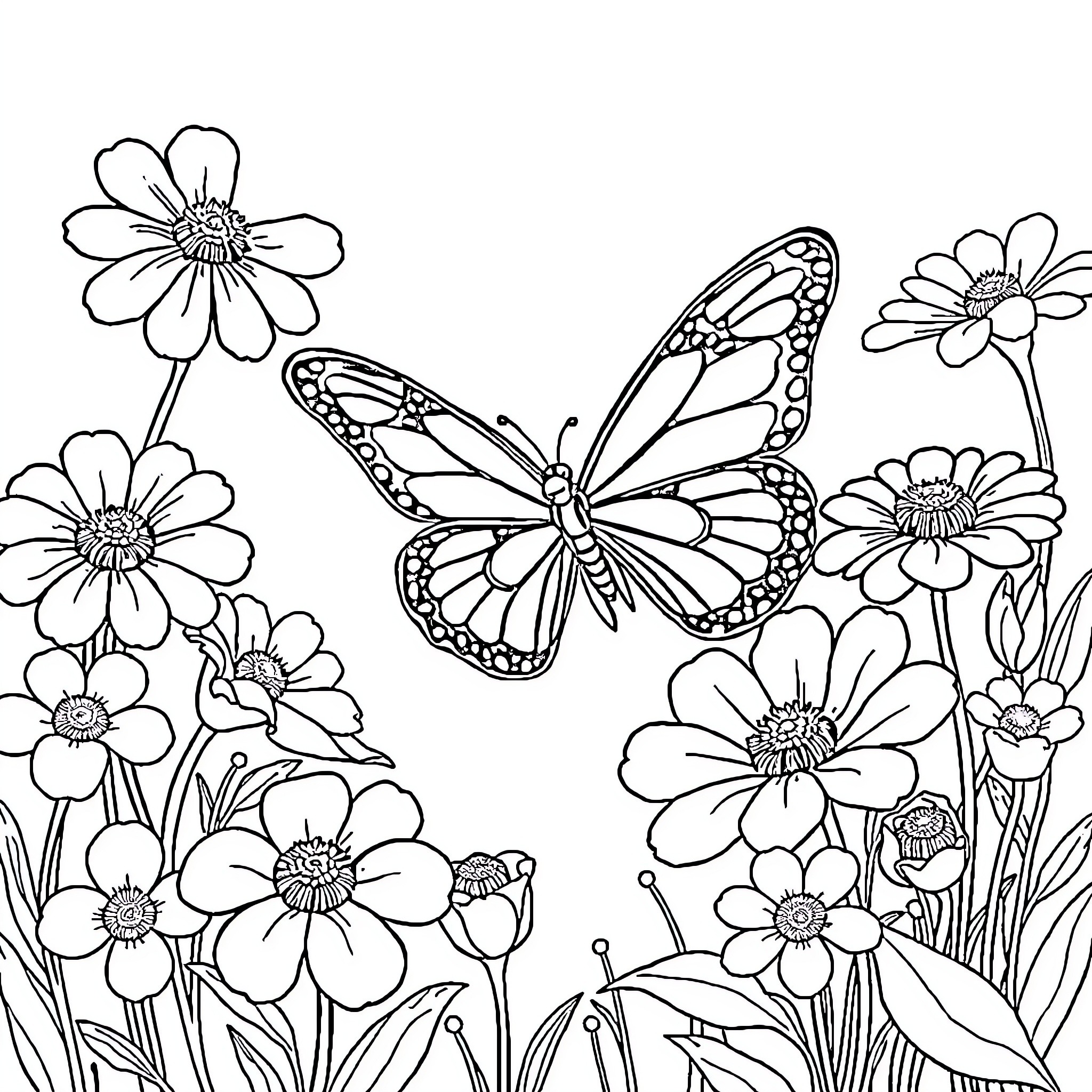 Butterfly amidst blooming flowers Coloring Page (free black-and-white line drawing printable PDF for all, from beginners to advanced learners, including children, teens, adults, and seniors)