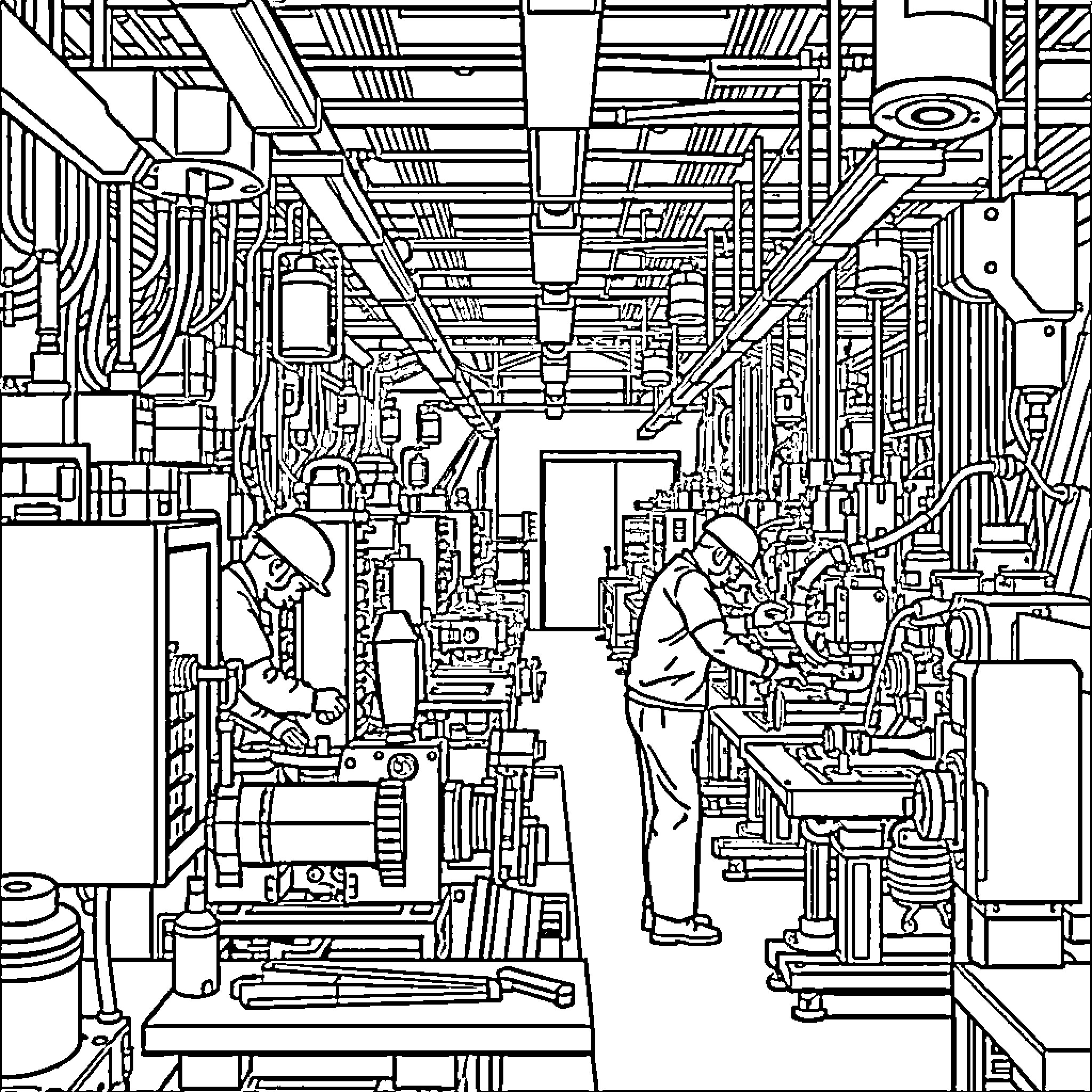 Machine Components and Technicians in Industrial Workspace Coloring Page (free black-and-white line drawing printable PDF for all, from beginners to advanced learners, including children, teens, adults, and seniors)