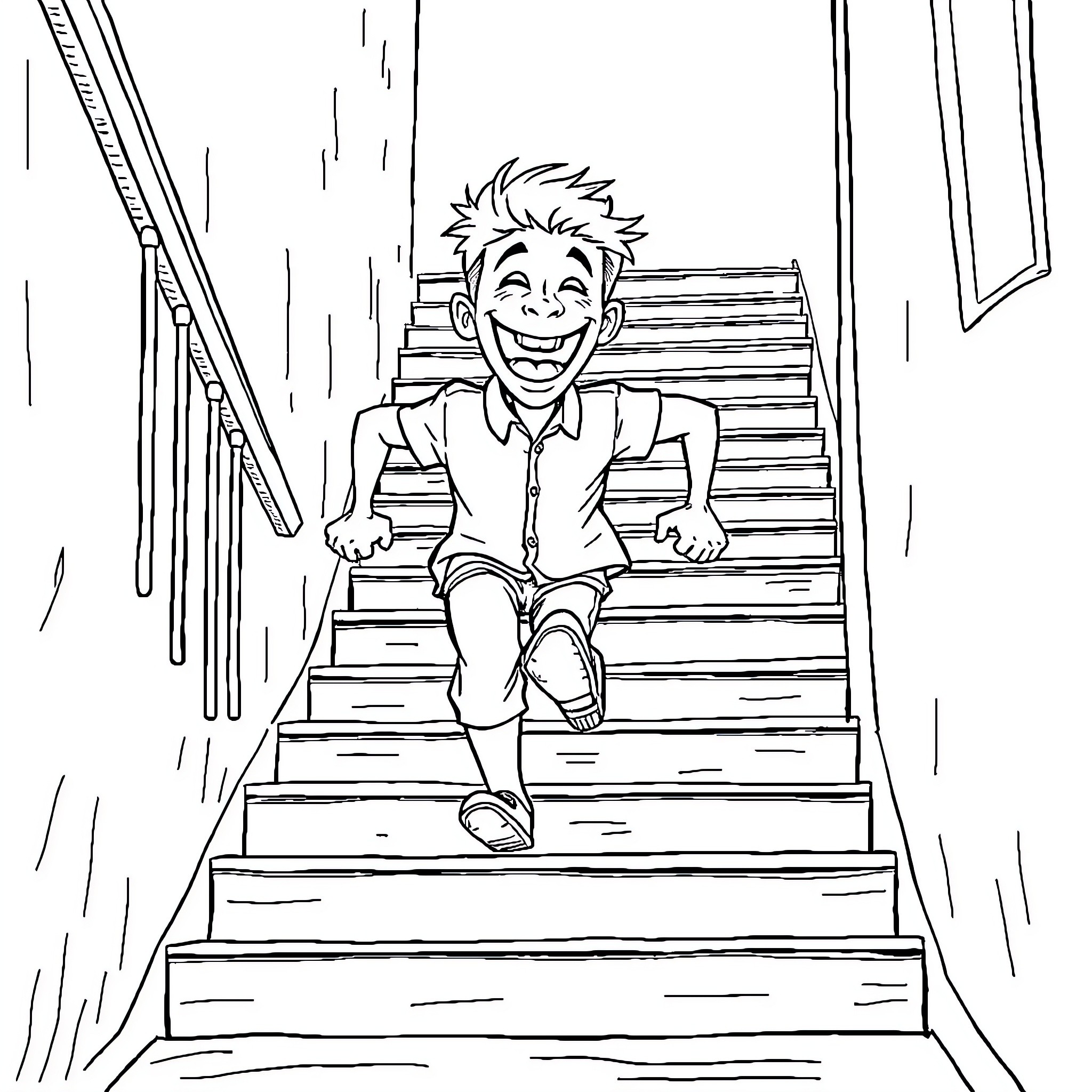 Person laughing happily on staircase Coloring Page (free black-and-white line drawing printable PDF for all, from beginners to advanced learners, including children, teens, adults, and seniors)