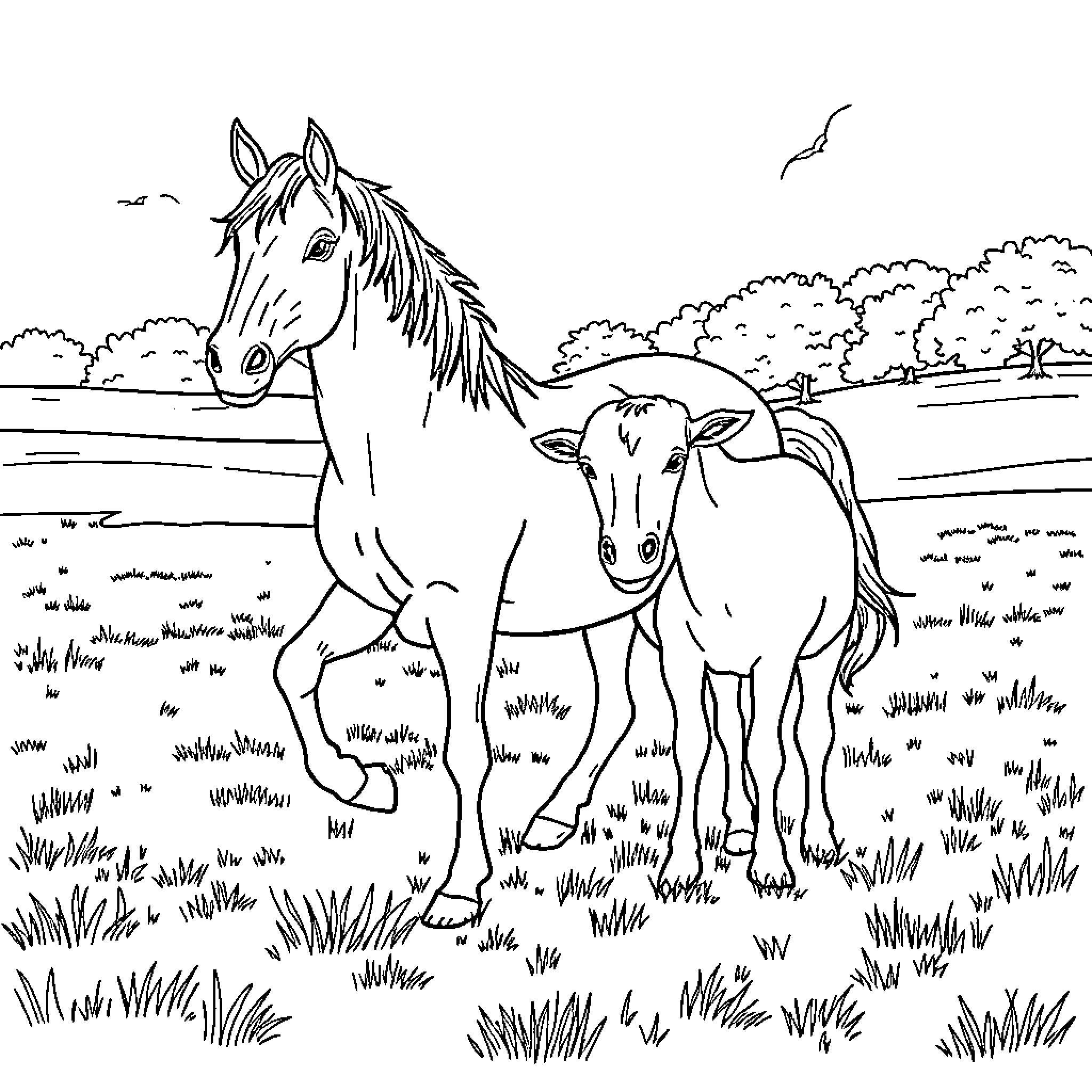 Caballo and Foal Roaming in Pastoral Landscape Coloring Page (free black-and-white line drawing printable PDF for all, from beginners to advanced learners, including children, teens, adults, and seniors)