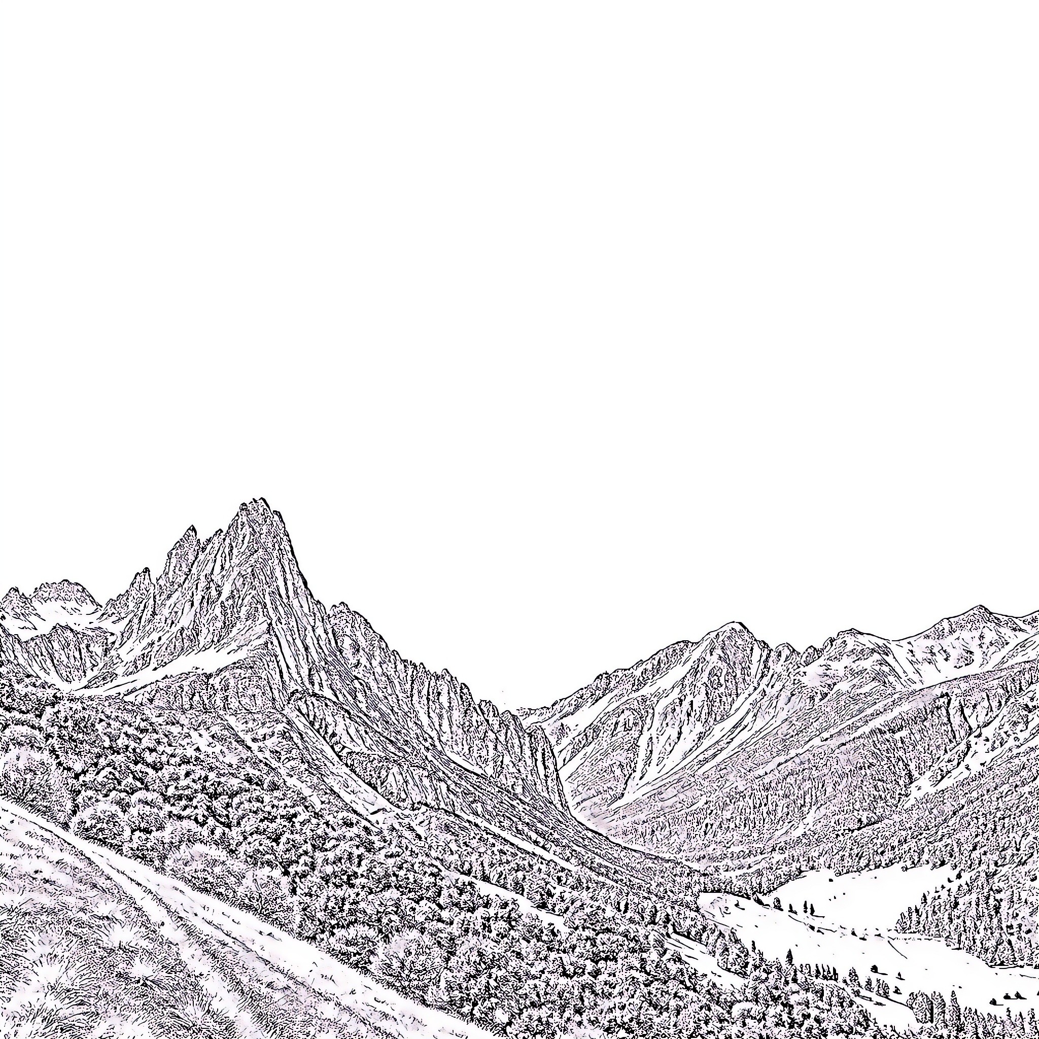 Landscape of majestic mountains and winding paths Coloring Page (free black-and-white line drawing printable PDF for all, from beginners to advanced learners, including children, teens, adults, and seniors)
