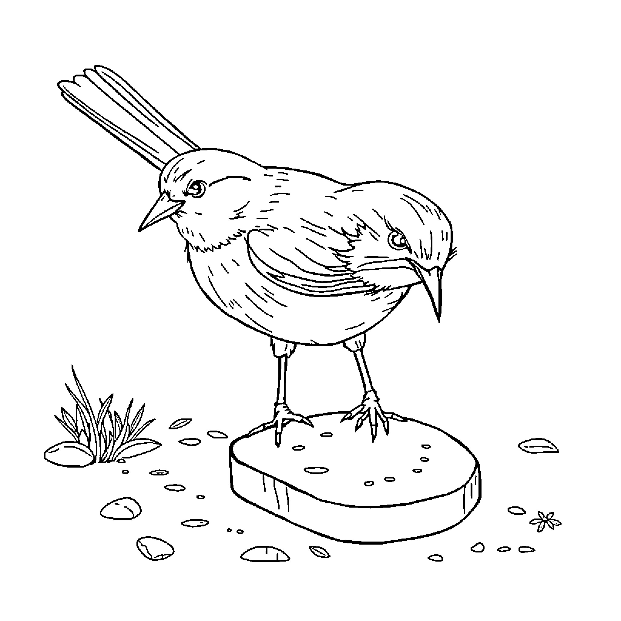 Bird perched on a rock in nature Coloring Page (free black-and-white line drawing printable PDF for all, from beginners to advanced learners, including children, teens, adults, and seniors)