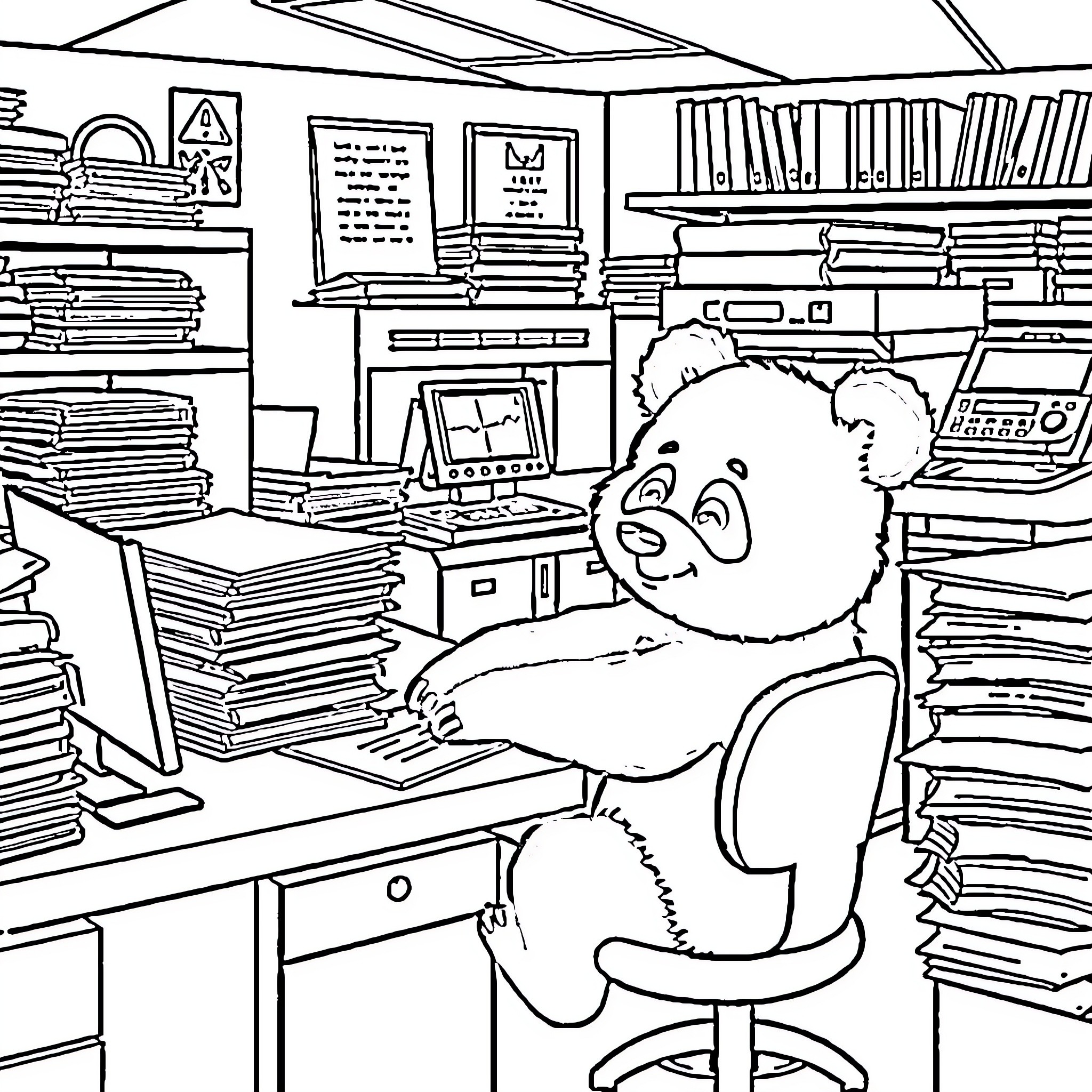 Panda working diligently in cluttered office Coloring Page (free black-and-white line drawing printable PDF for all, from beginners to advanced learners, including children, teens, adults, and seniors)