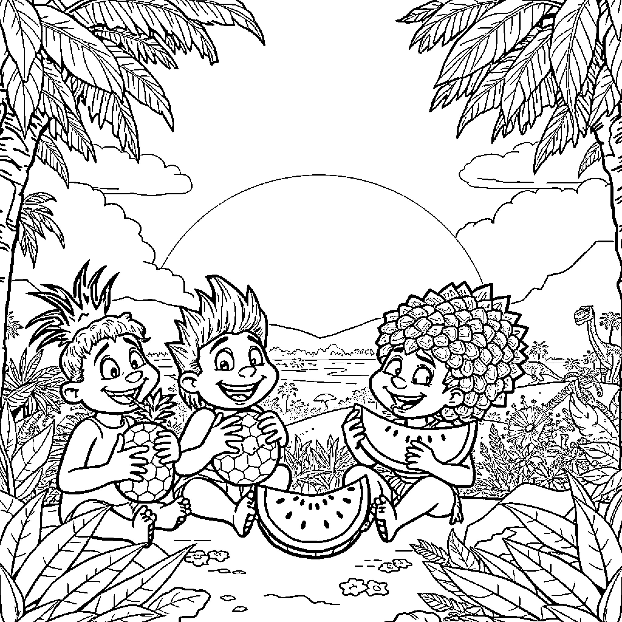 Croods enjoying a tropical picnic in the jungle Coloring Page (free black-and-white line drawing printable PDF for all, from beginners to advanced learners, including children, teens, adults, and seniors)