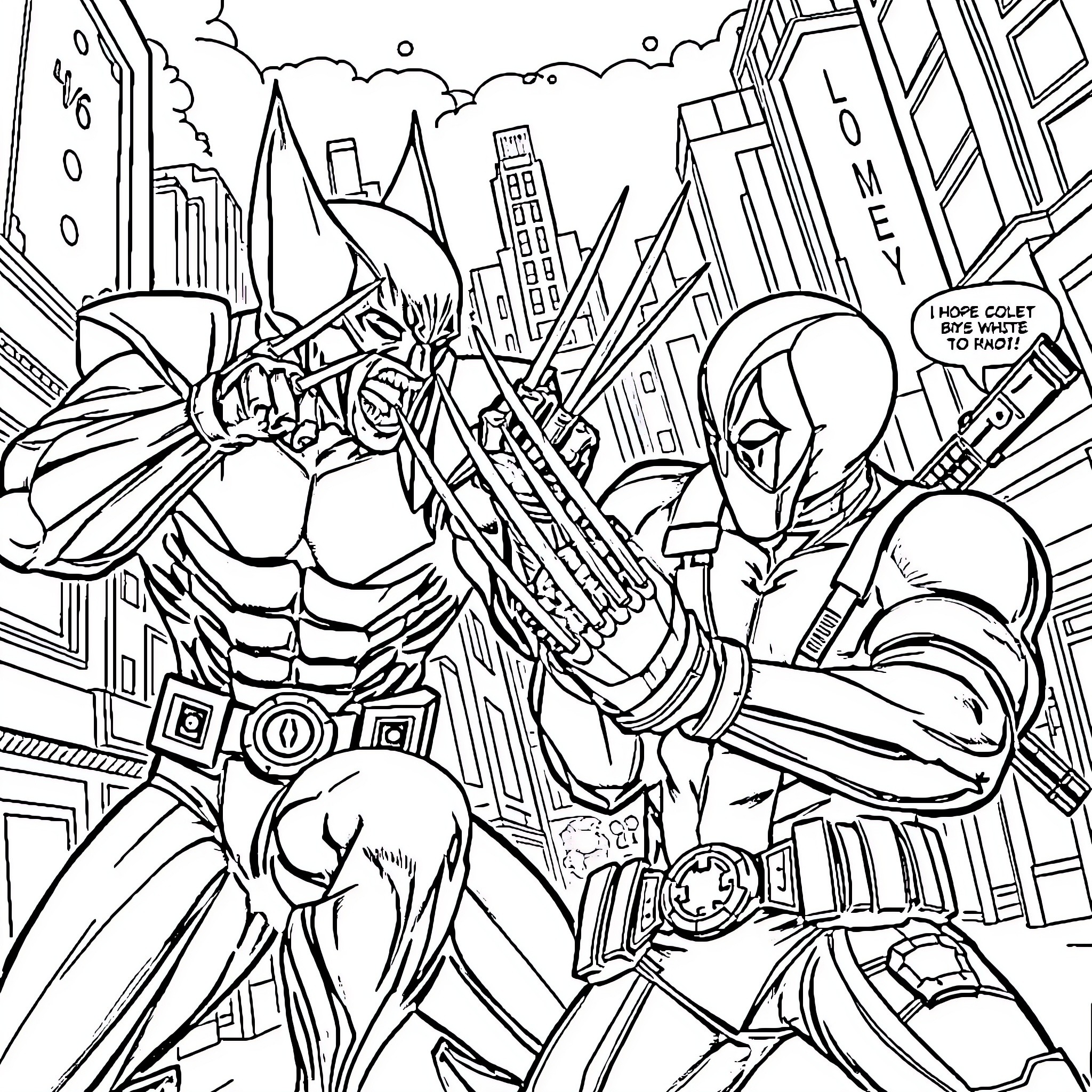 Wolverine battling enemies in the city Coloring Page (free black-and-white line drawing printable PDF for all, from beginners to advanced learners, including children, teens, adults, and seniors)