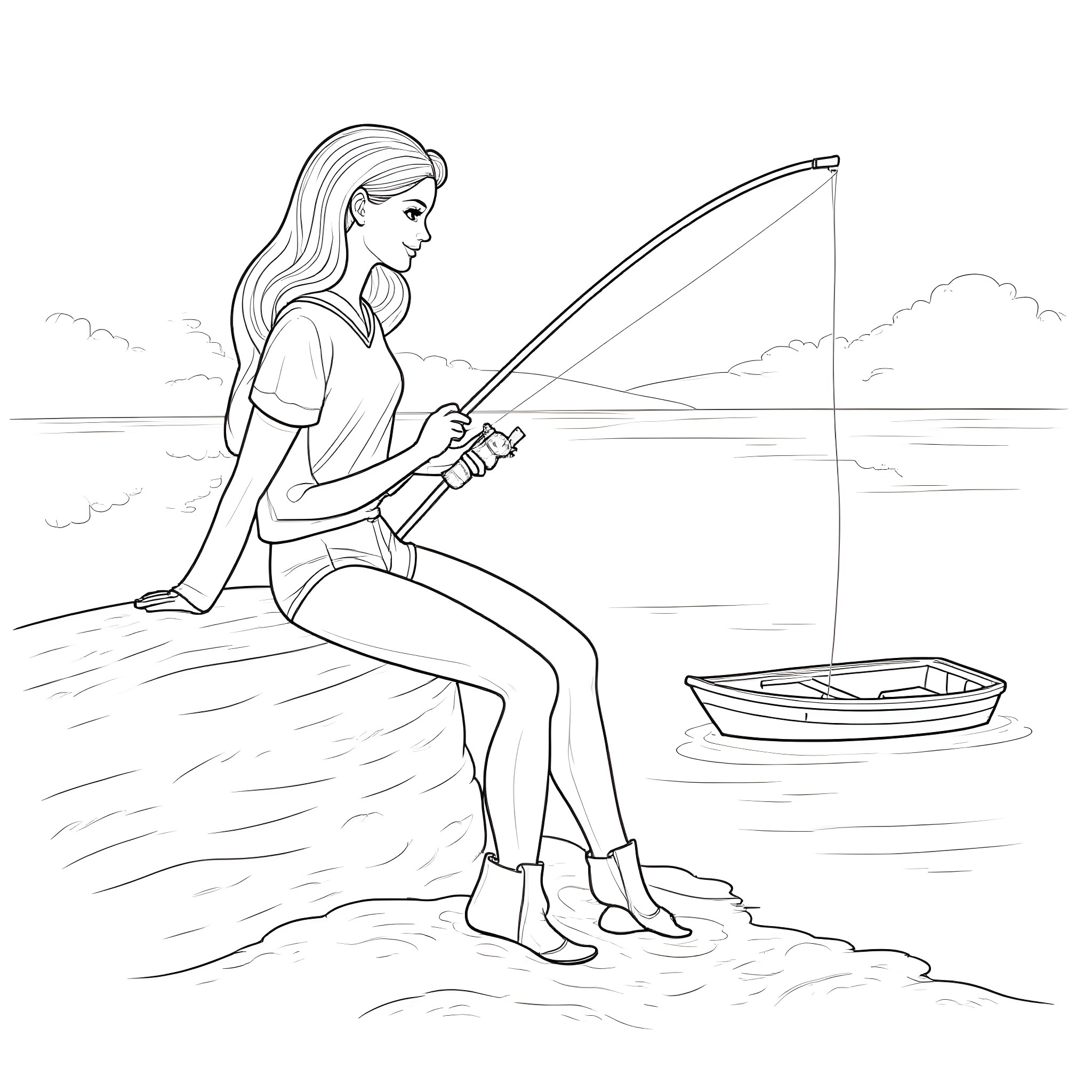 Barbie enjoying peaceful fishing by the lake Coloring Page (free black-and-white line drawing printable PDF for all, from beginners to advanced learners, including children, teens, adults, and seniors)