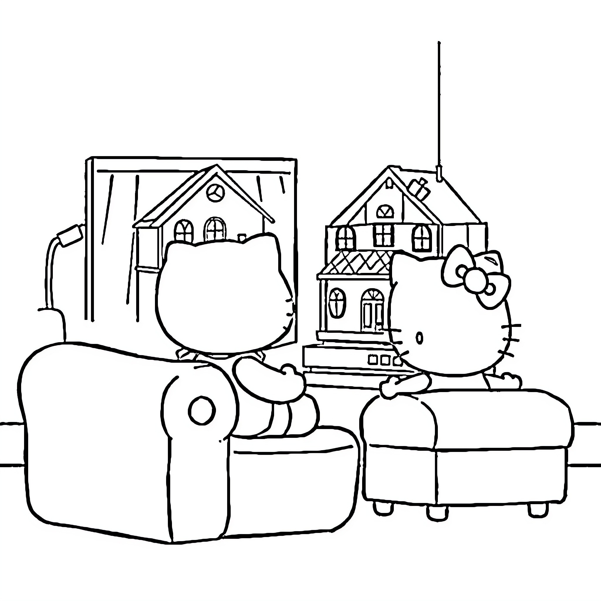 Hello Kitty relaxing at home with cozy furnishings Coloring Page (free black-and-white line drawing printable PDF for all, from beginners to advanced learners, including children, teens, adults, and seniors)