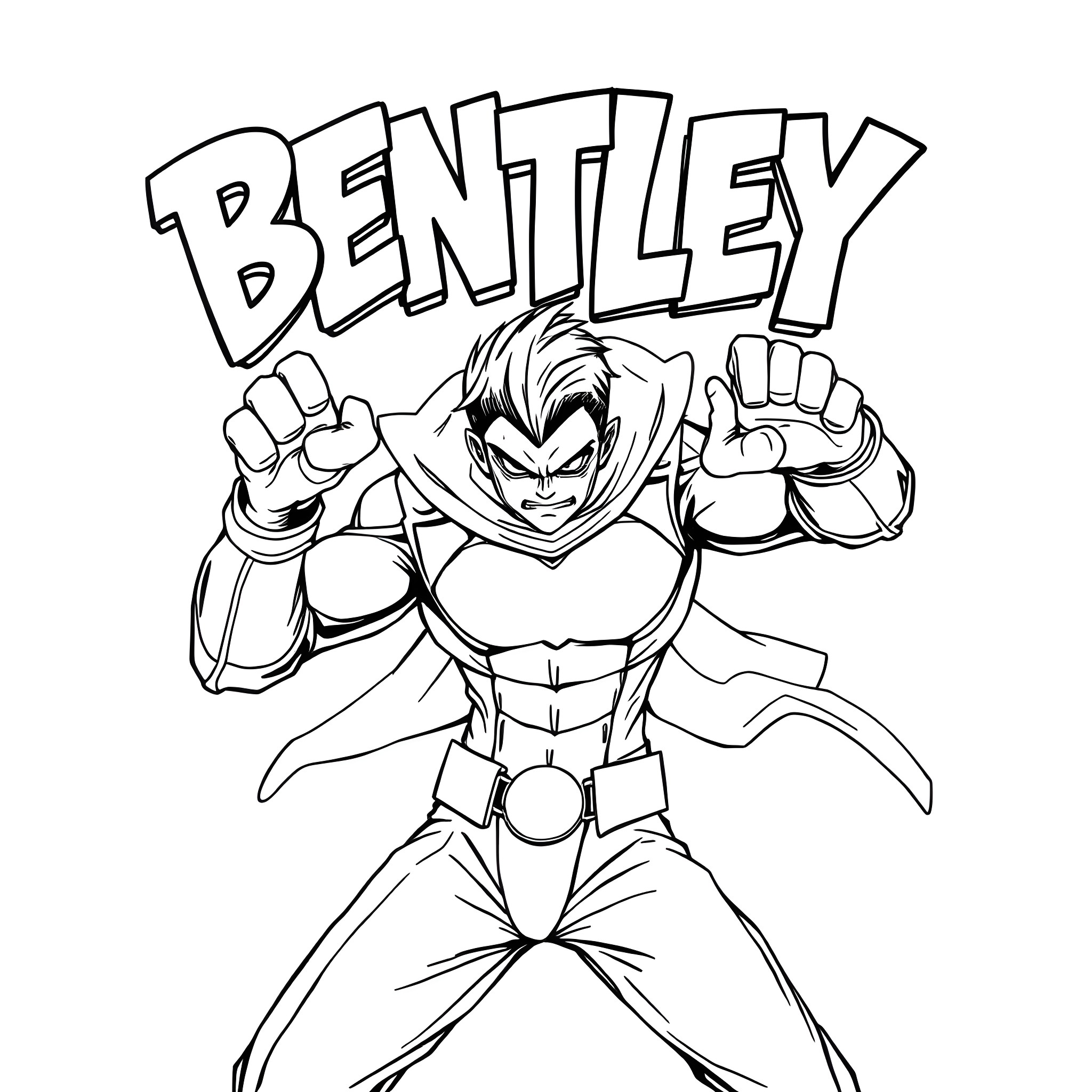 Bentley, the Muscular Superhero in Action Coloring Page (free black-and-white line drawing printable PDF for all, from beginners to advanced learners, including children, teens, adults, and seniors)