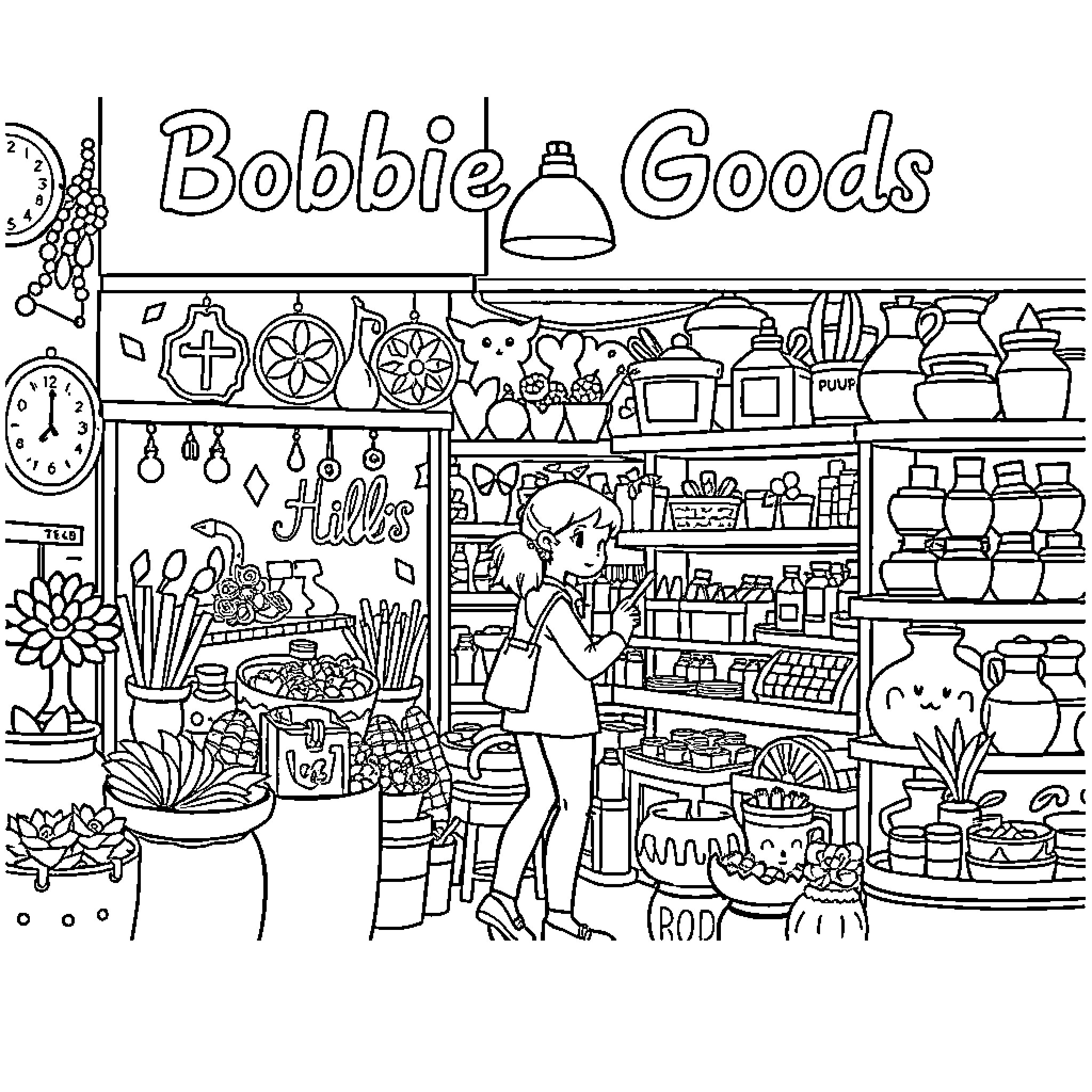 Bobbie Goods: A Vibrant Marketplace of Goods and Wares Coloring Page (free black-and-white line drawing printable PDF for all, from beginners to advanced learners, including children, teens, adults, and seniors)